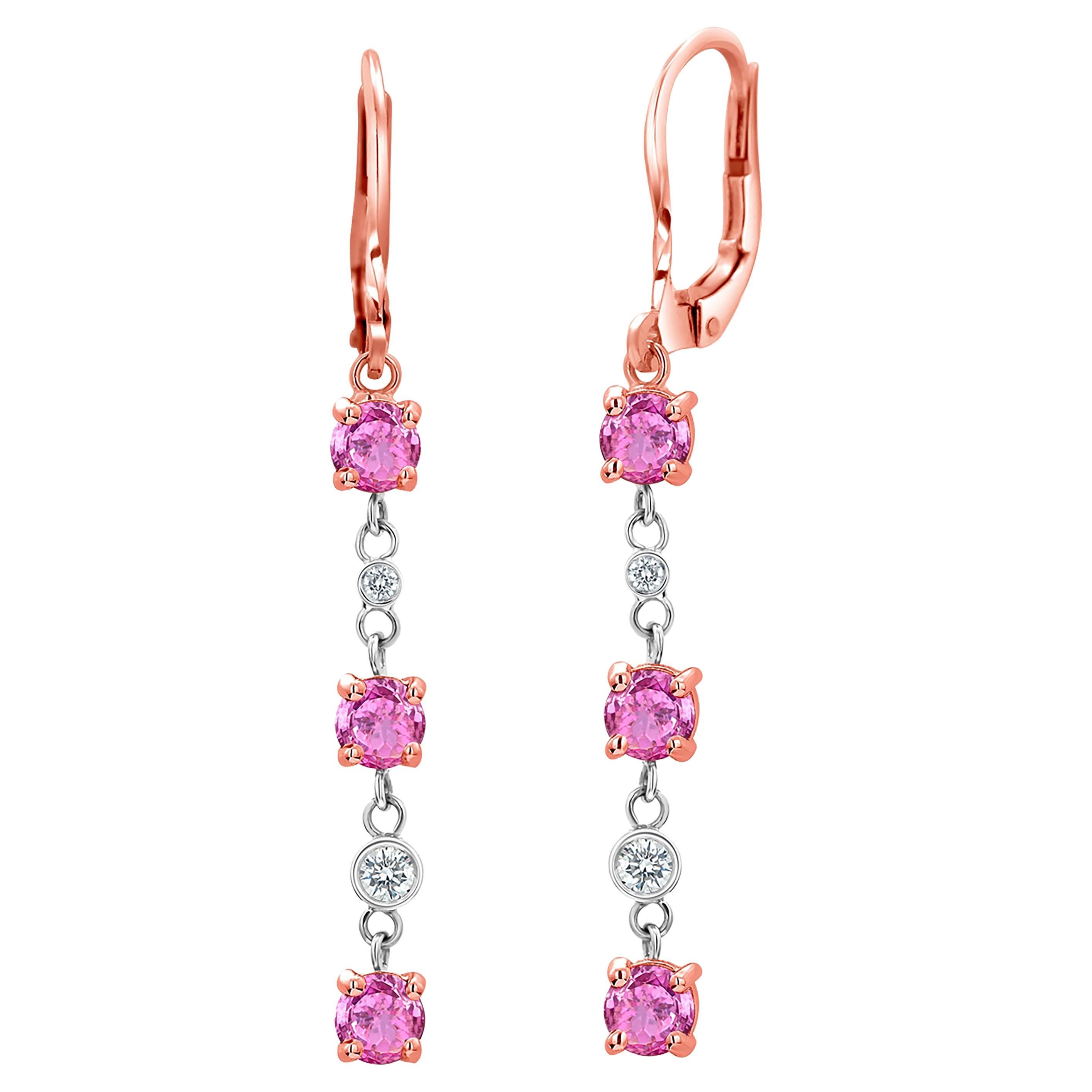 Pink Sapphire and Diamond Elongated 18 Karat Lever Back Rose Gold Earrings