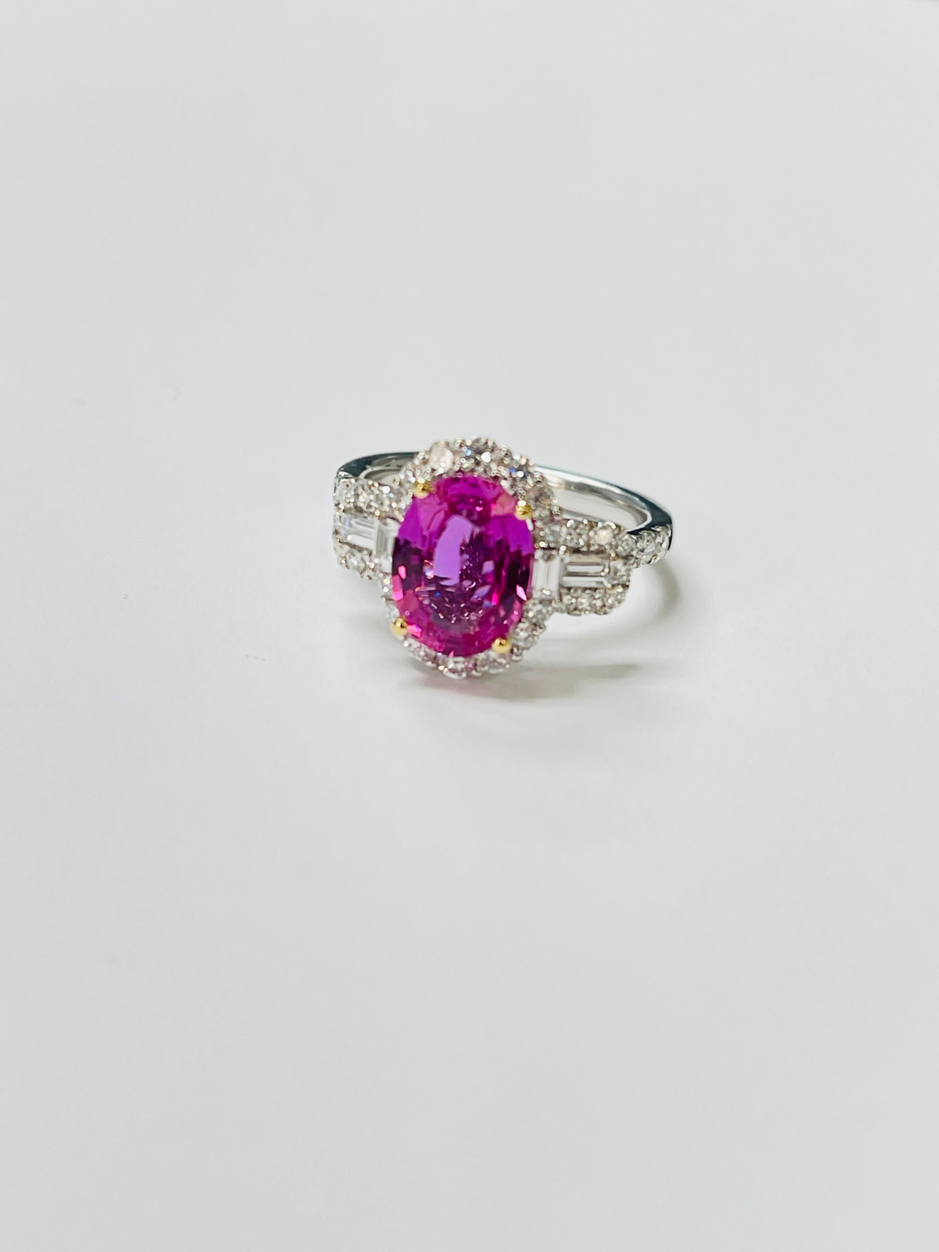 Pink Sapphire and Diamond Engagement Ring In 18K White Gold. For Sale 4