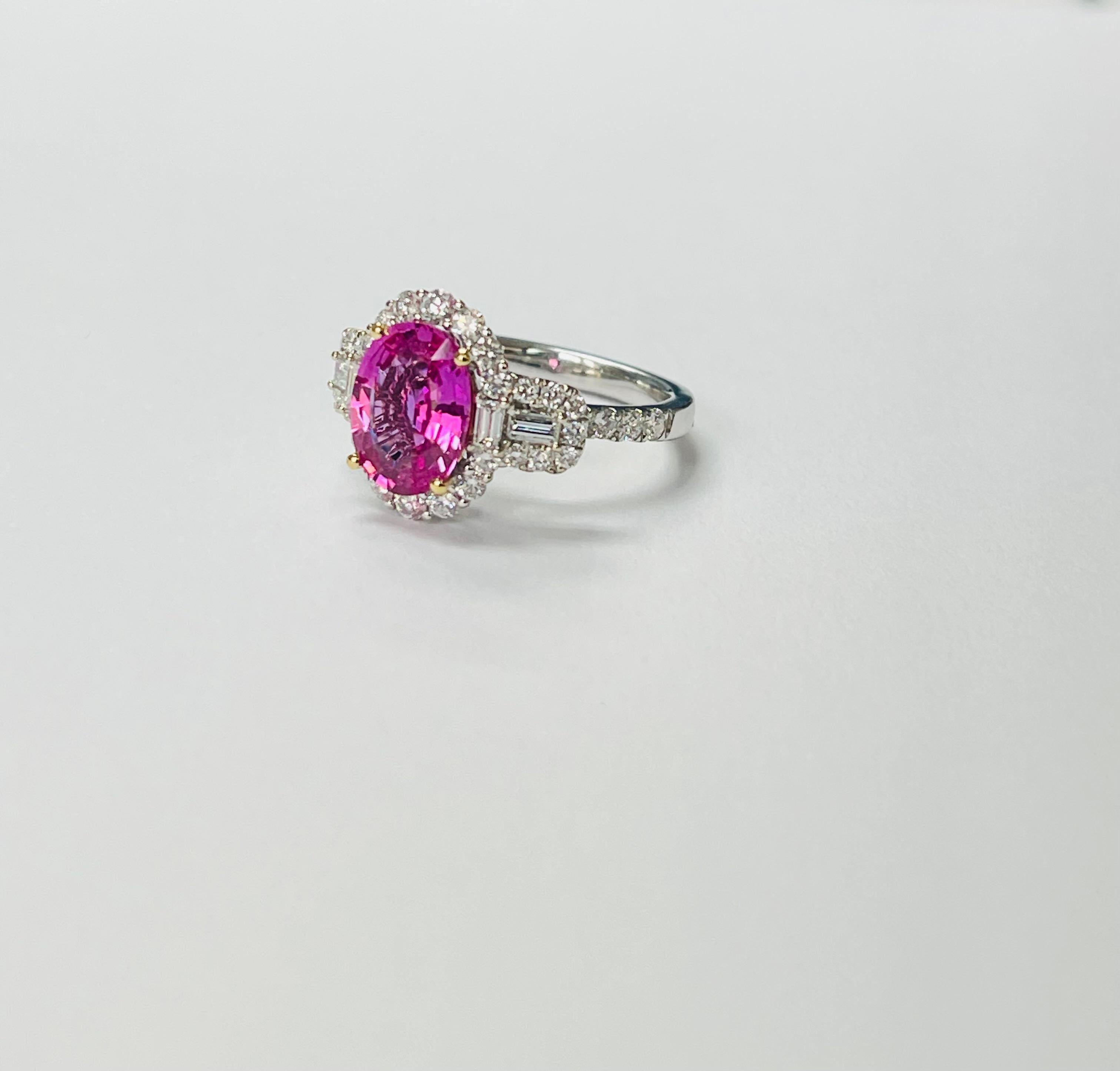 Contemporary Pink Sapphire and Diamond Engagement Ring In 18K White Gold. For Sale