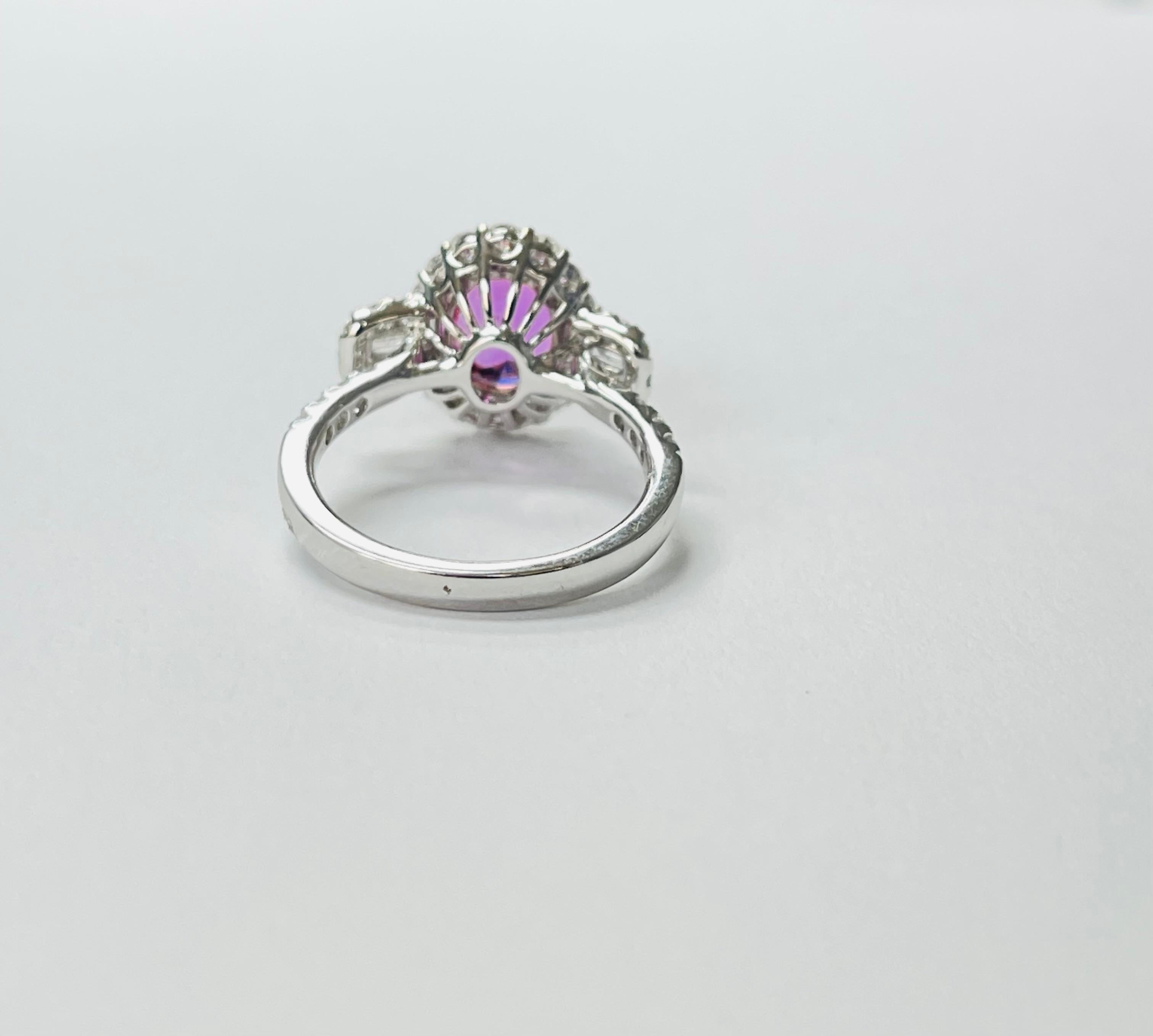 Oval Cut Pink Sapphire and Diamond Engagement Ring In 18K White Gold. For Sale