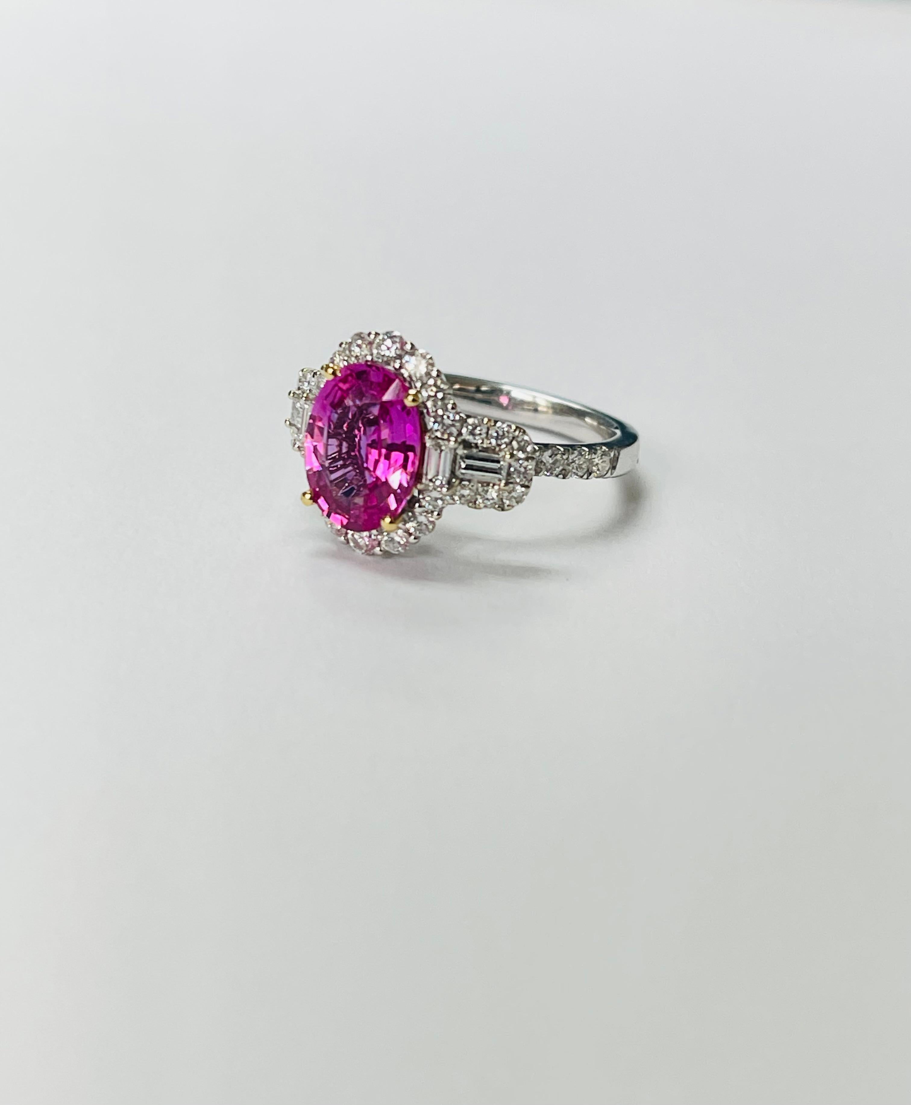 Pink Sapphire and Diamond Engagement Ring In 18K White Gold. In New Condition For Sale In New York, NY