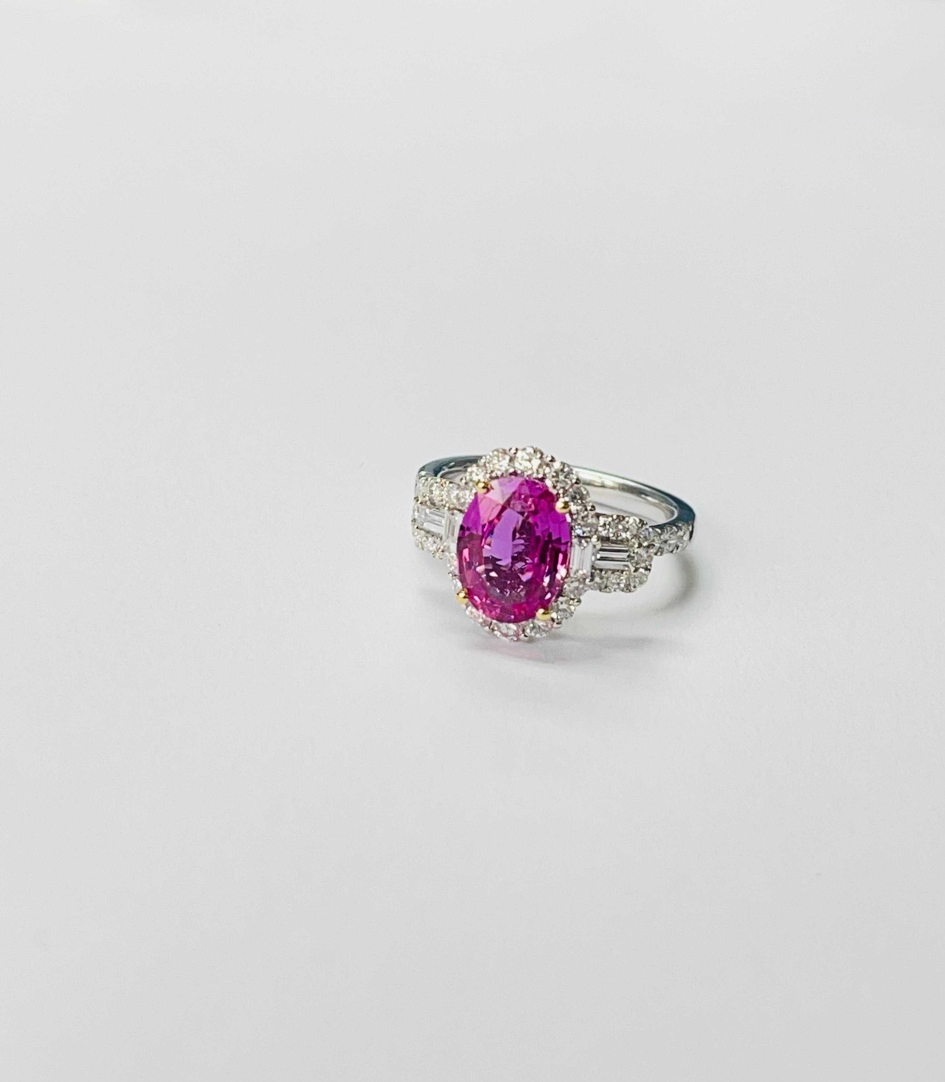 Pink Sapphire and Diamond Engagement Ring In 18K White Gold. For Sale 1