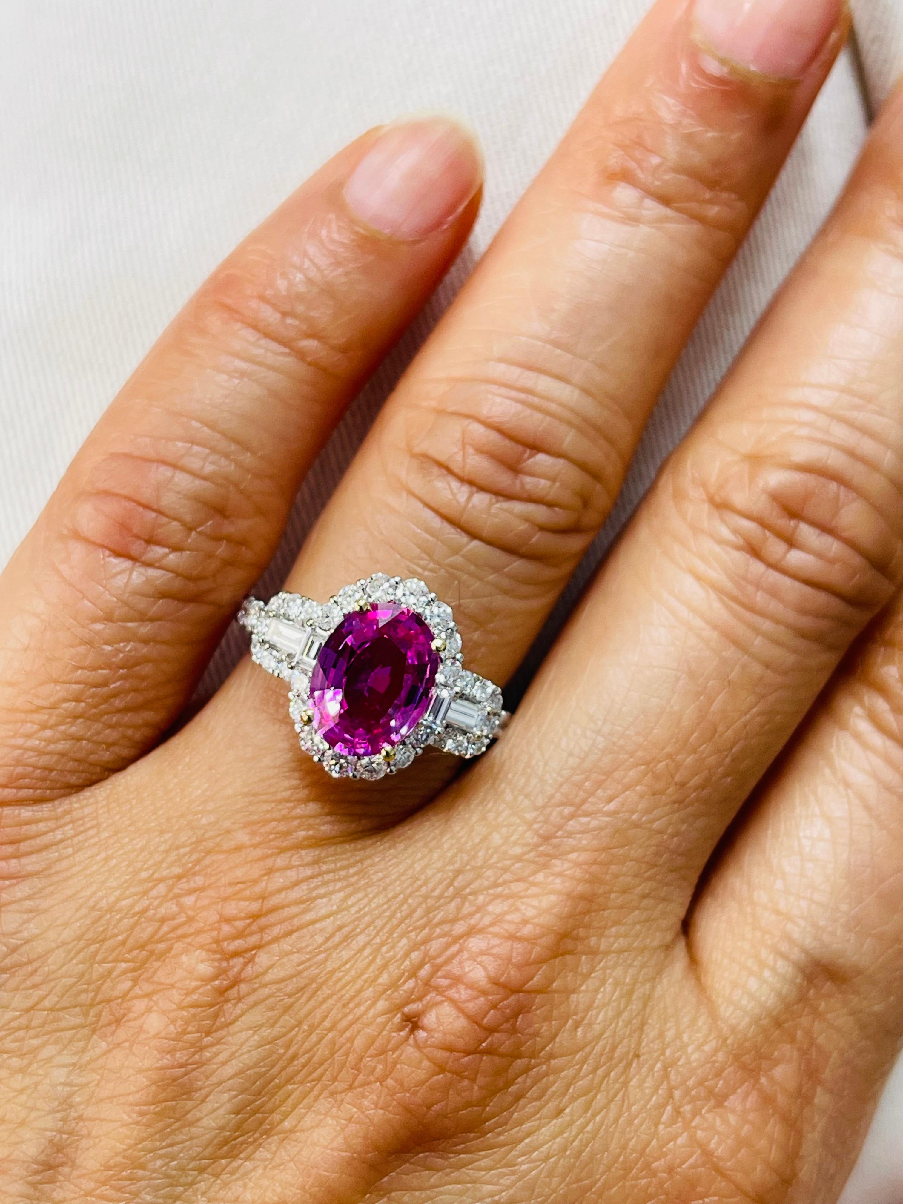Pink Sapphire and Diamond Engagement Ring In 18K White Gold. For Sale 3