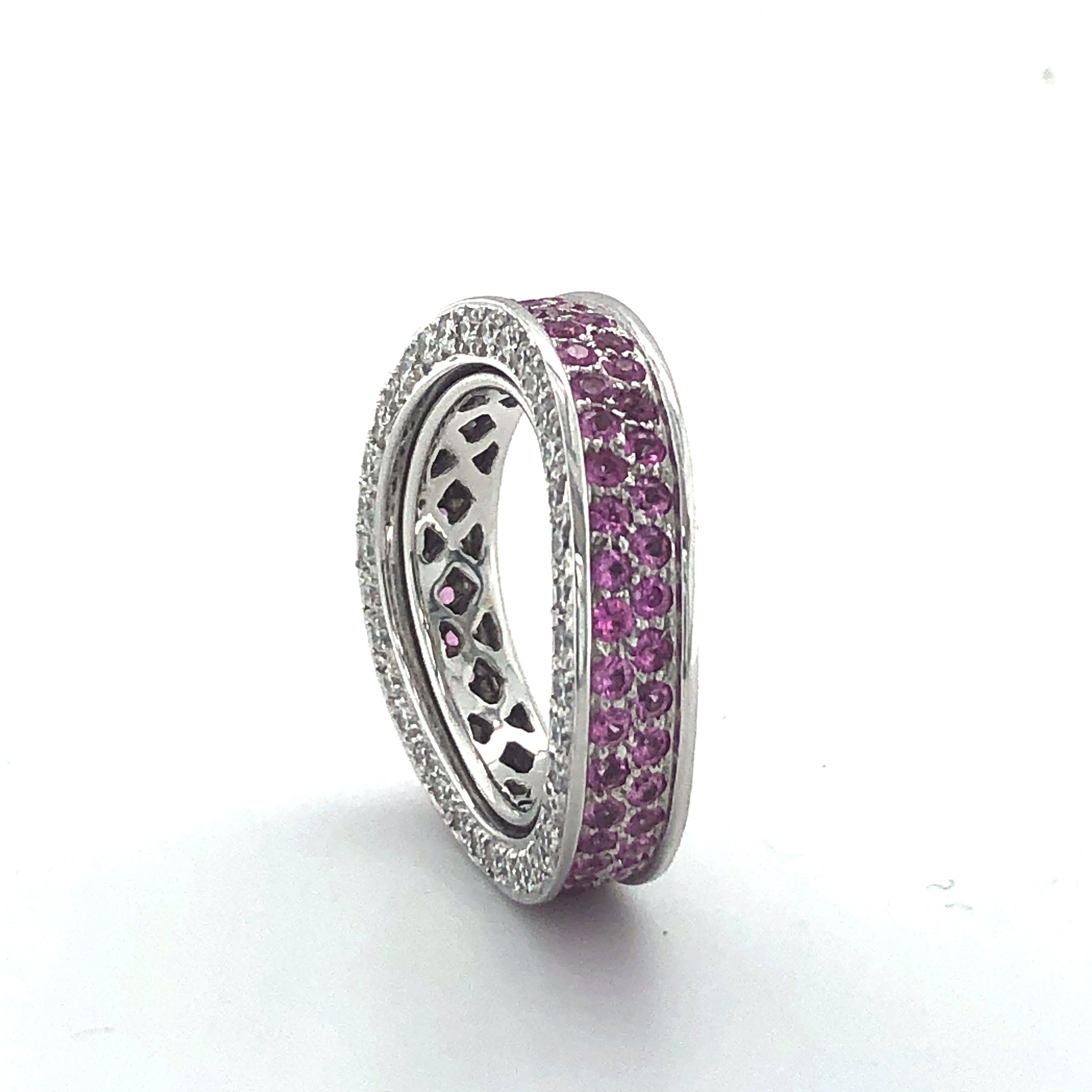 Modern Pink Sapphire and Diamond Eternity Ring in White Gold 750 For Sale