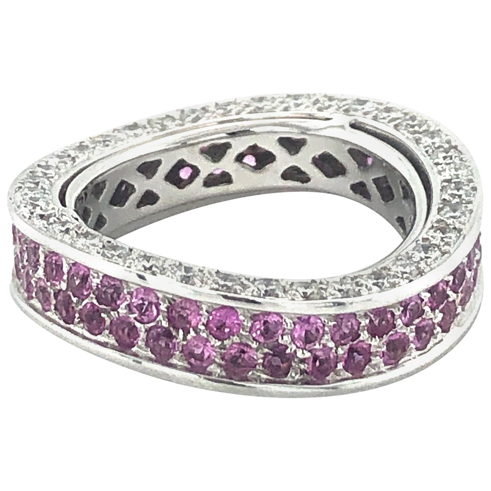 Pink Sapphire and Diamond Eternity Ring in White Gold 750 For Sale