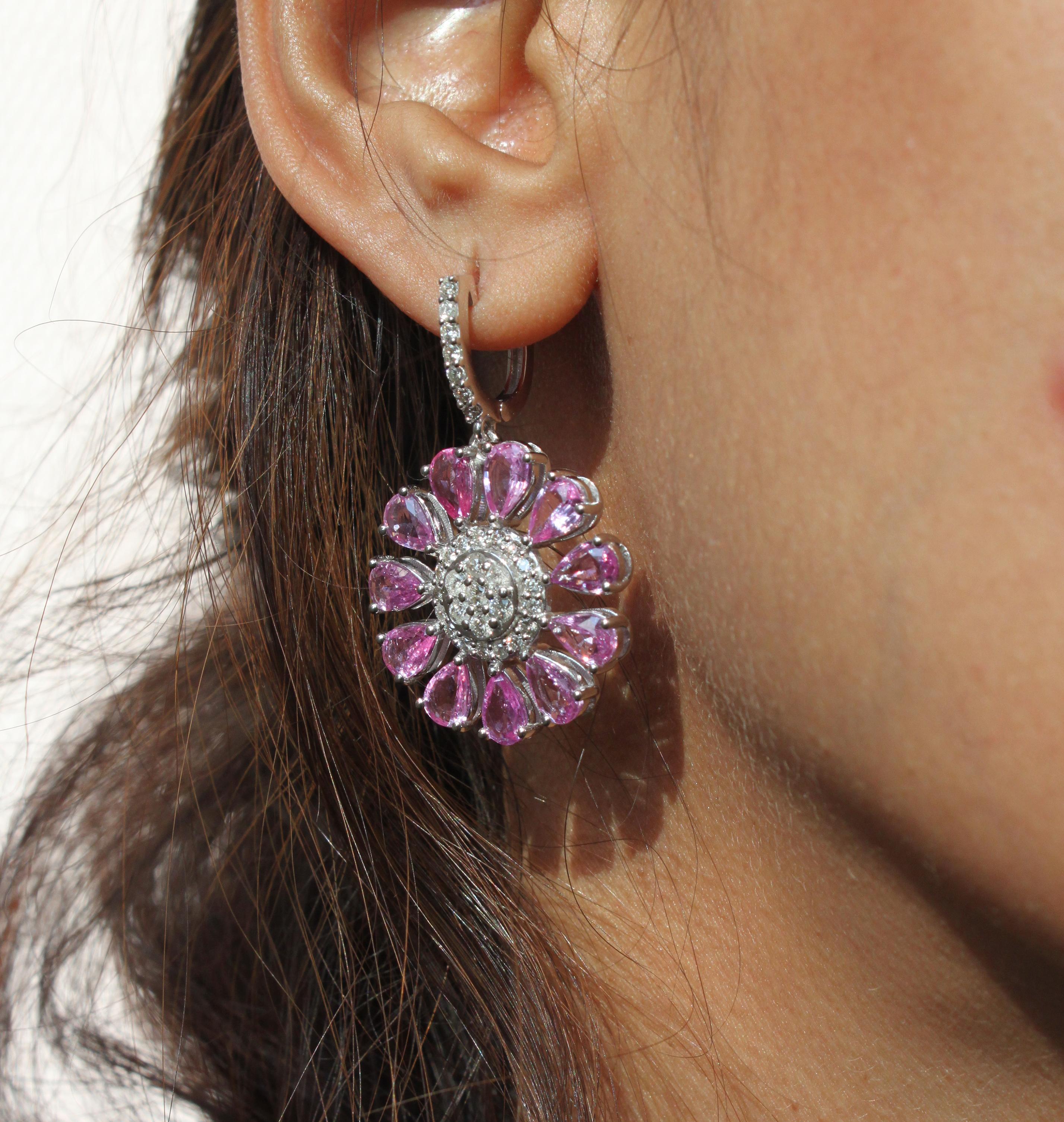 Modern Pink Sapphire and Diamond Floral Earrings in 14K white gold For Sale