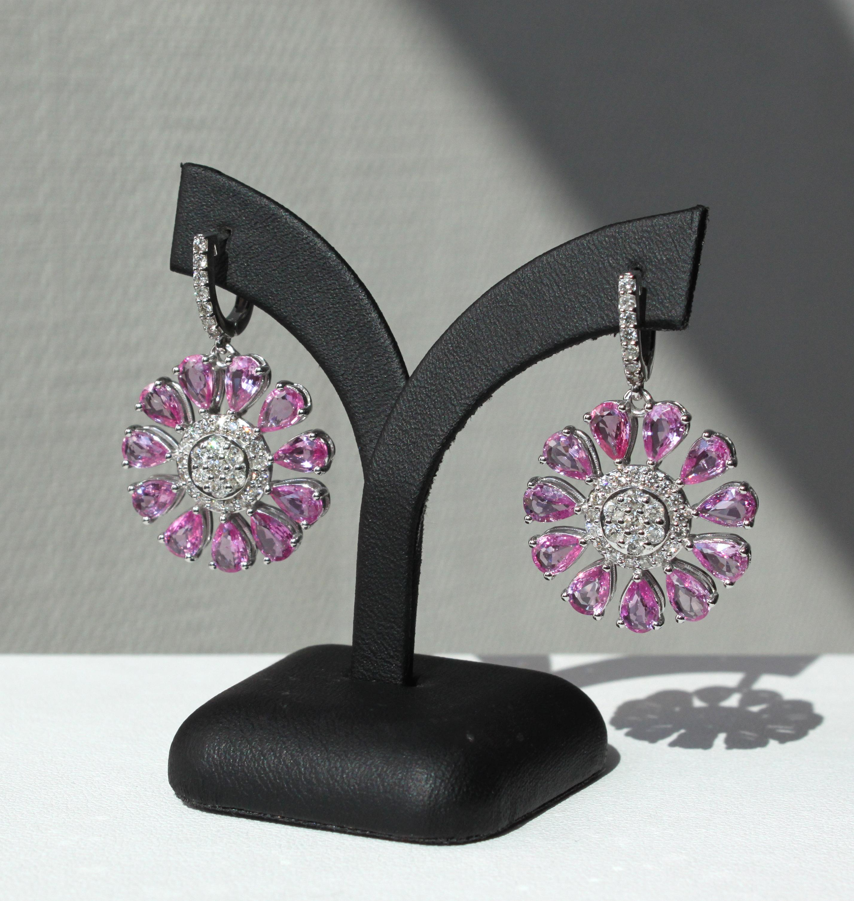 Pear Cut Pink Sapphire and Diamond Floral Earrings in 14K white gold For Sale