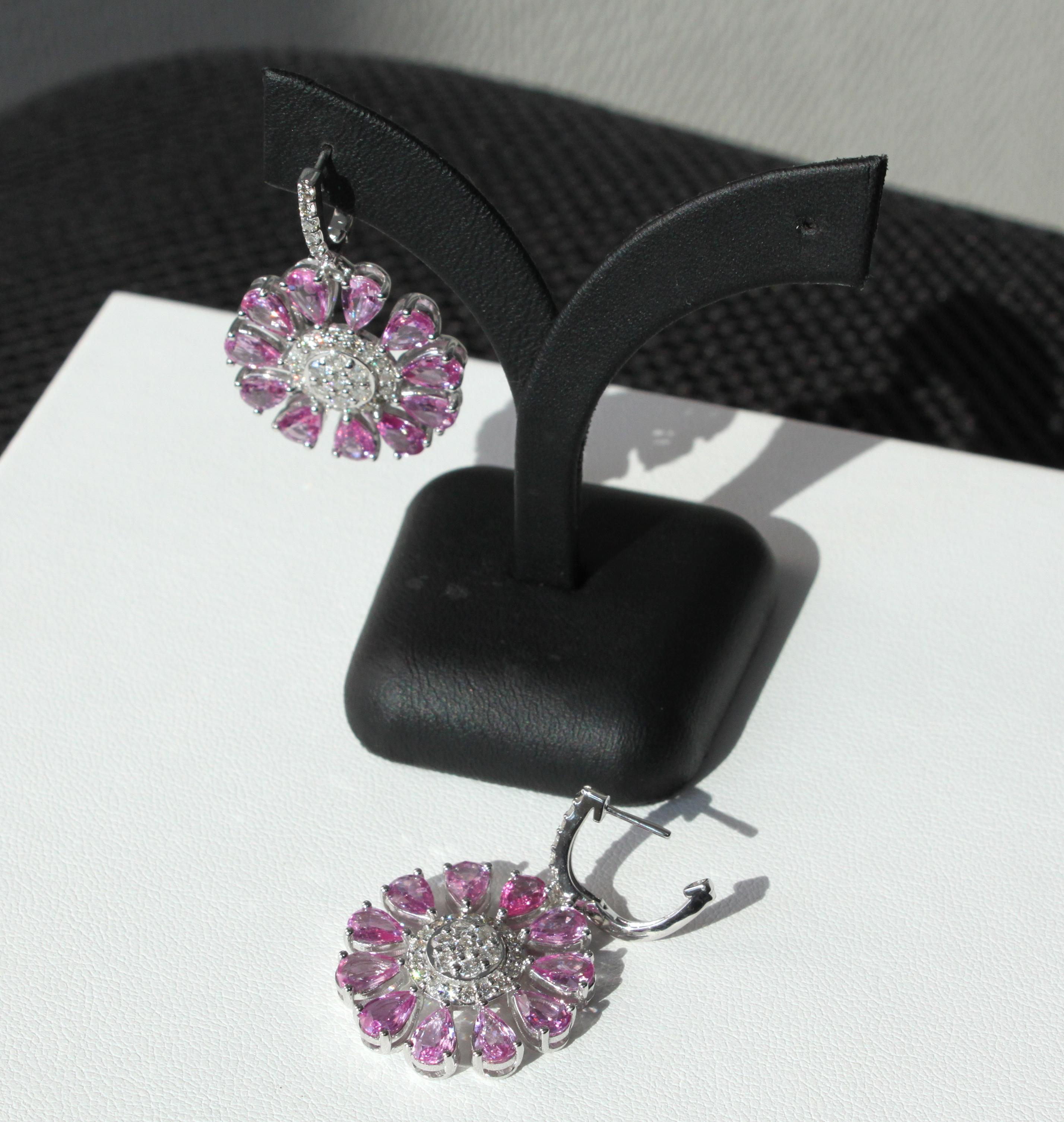 Women's Pink Sapphire and Diamond Floral Earrings in 14K white gold For Sale