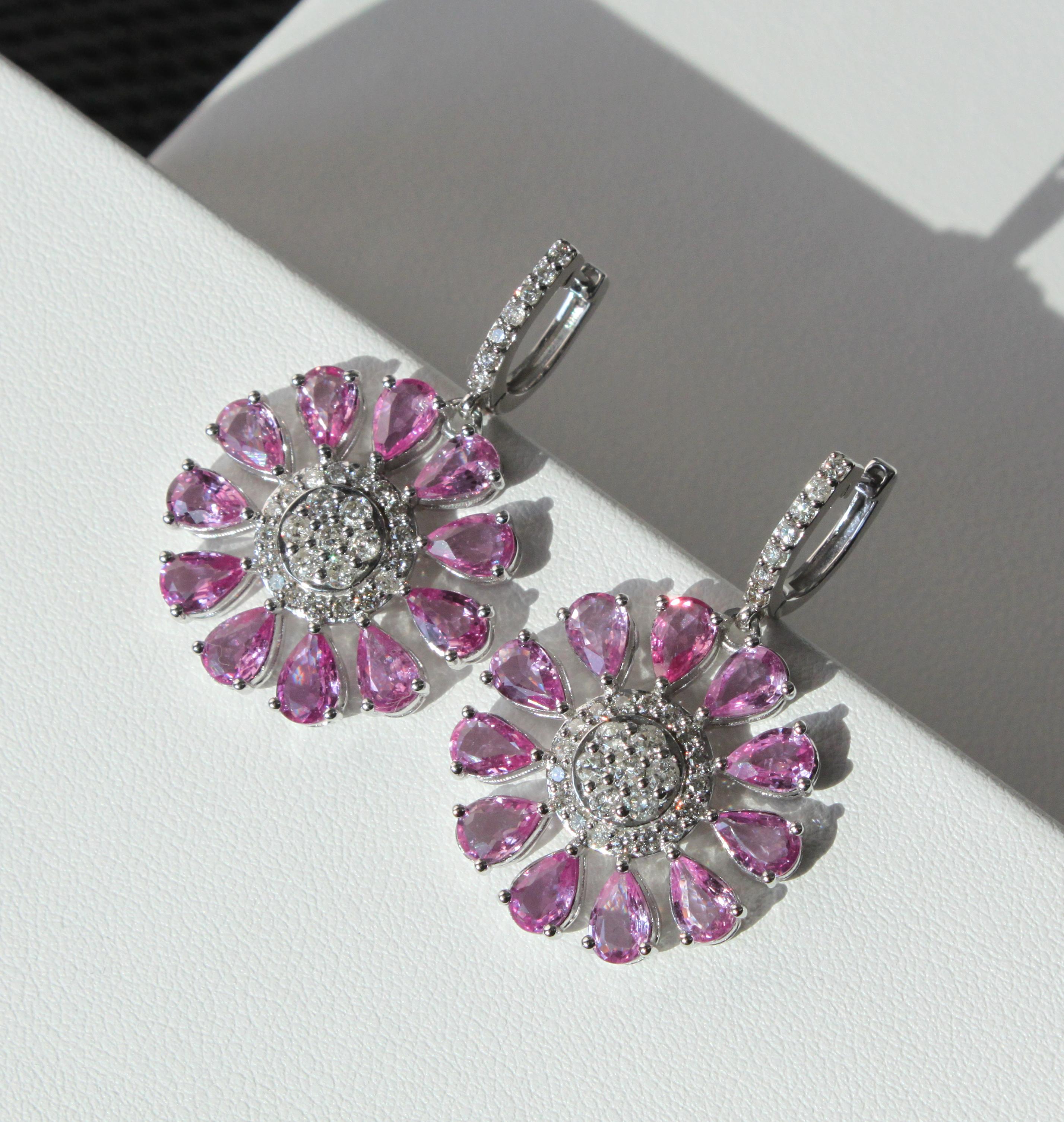 Pink Sapphire and Diamond Floral Earrings in 14K white gold For Sale 1