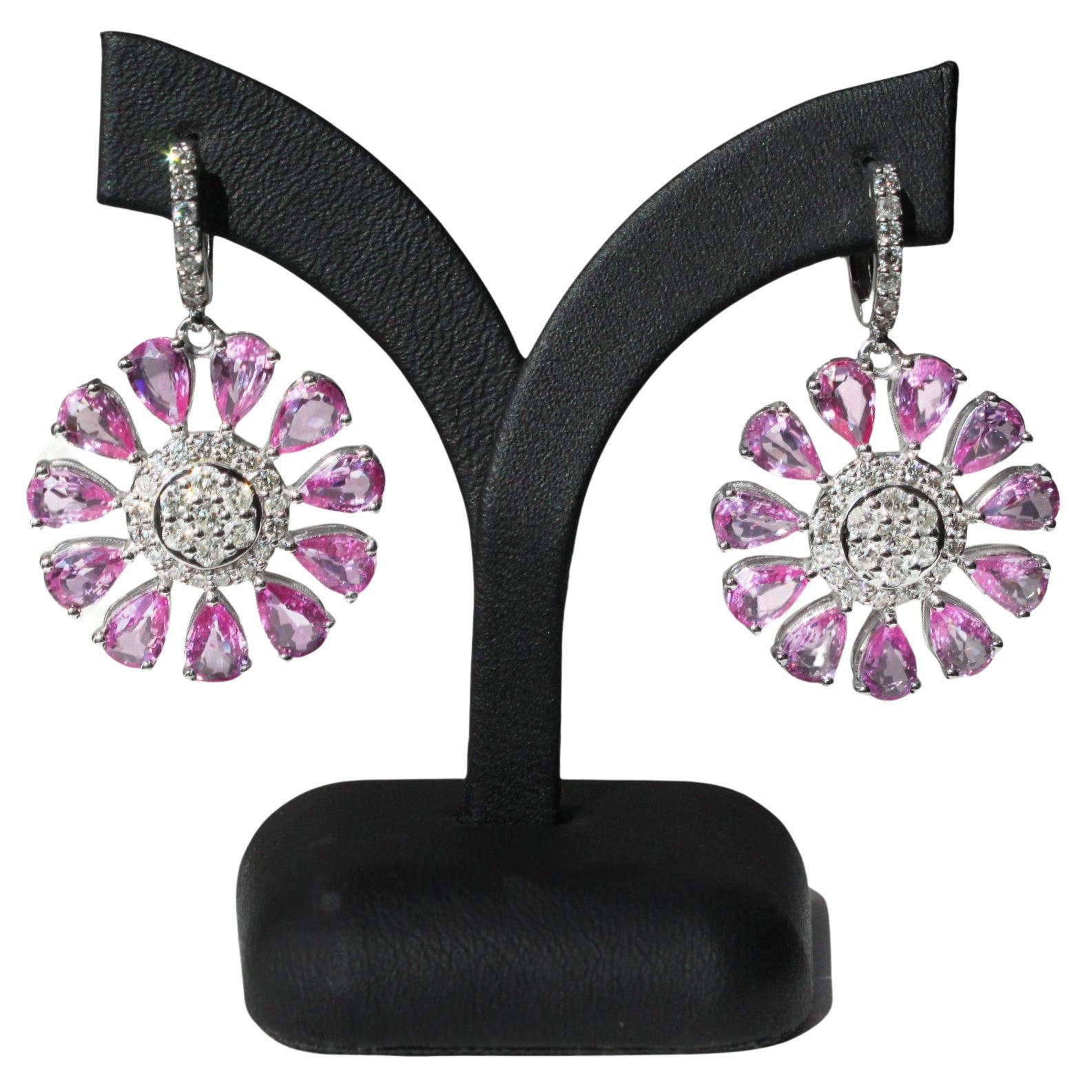 Pink Sapphire and Diamond Floral Earrings in 14K white gold For Sale