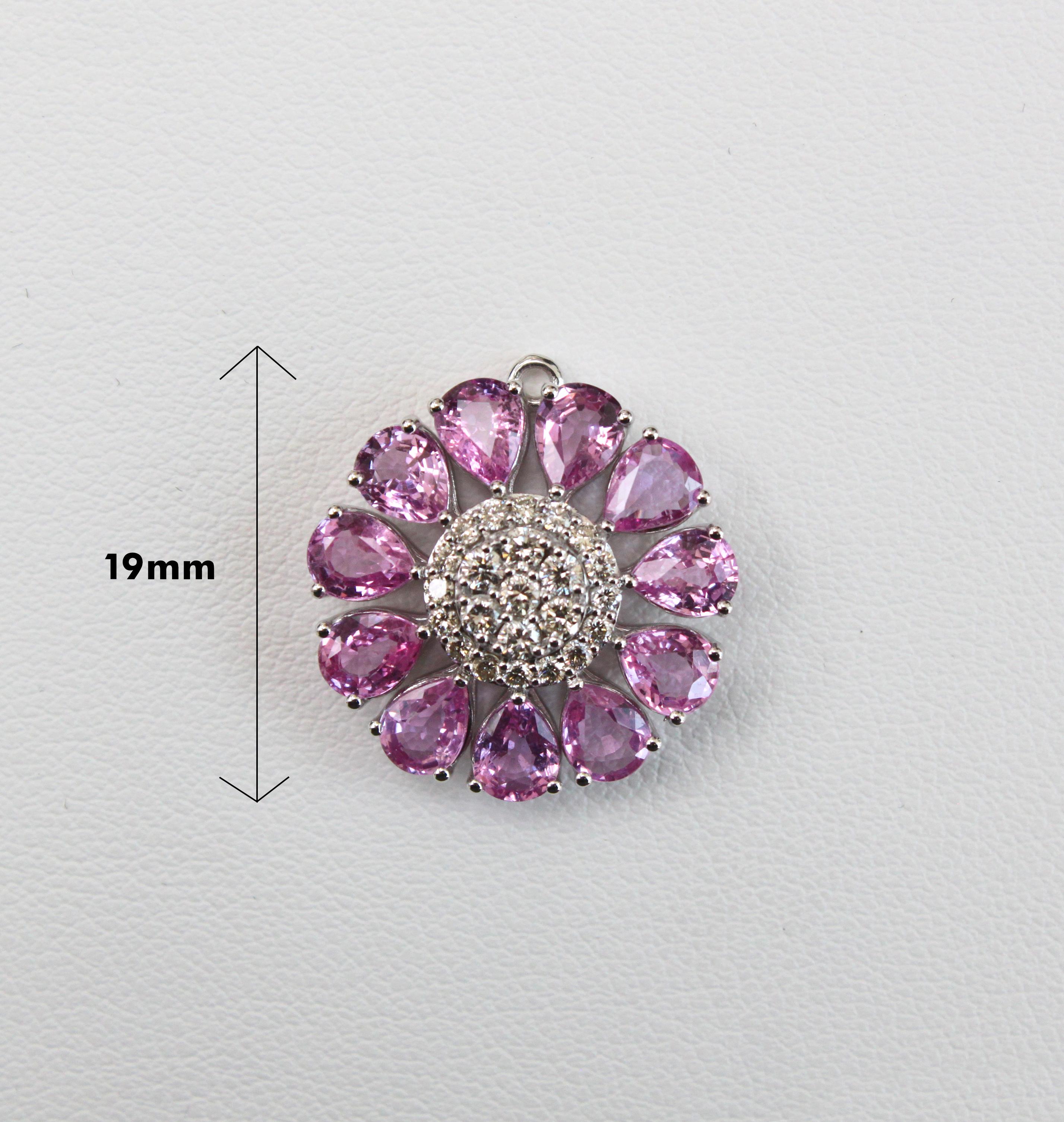 Pear Cut Pink Sapphire and Diamond Floral Pendant in 14K white gold For Sale