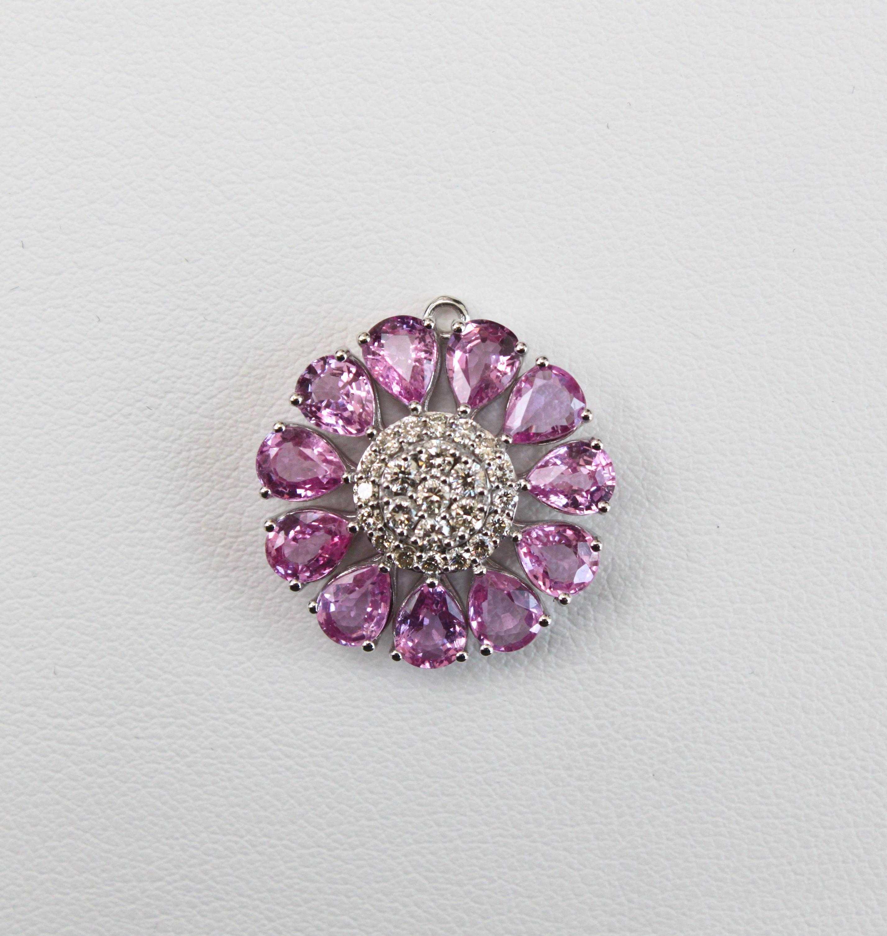 Pink Sapphire and Diamond Floral Pendant in 14K white gold In New Condition For Sale In Bangkok, TH