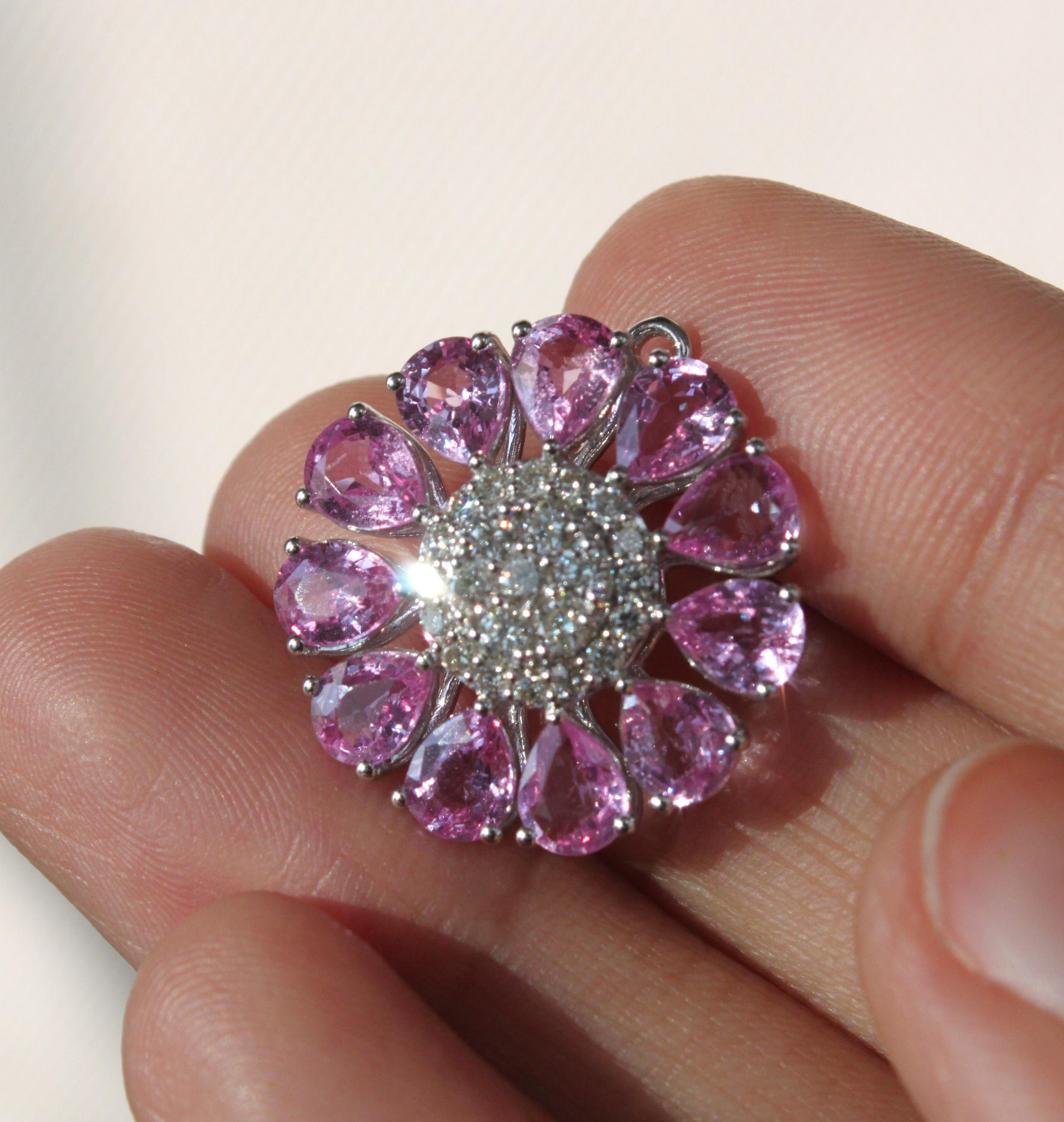 Women's Pink Sapphire and Diamond Floral Pendant in 14K white gold For Sale