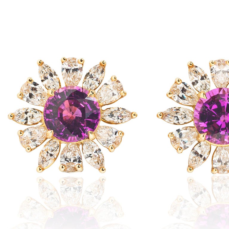 Mixed Cut Pink Sapphire and Diamond Flower Earrings For Sale