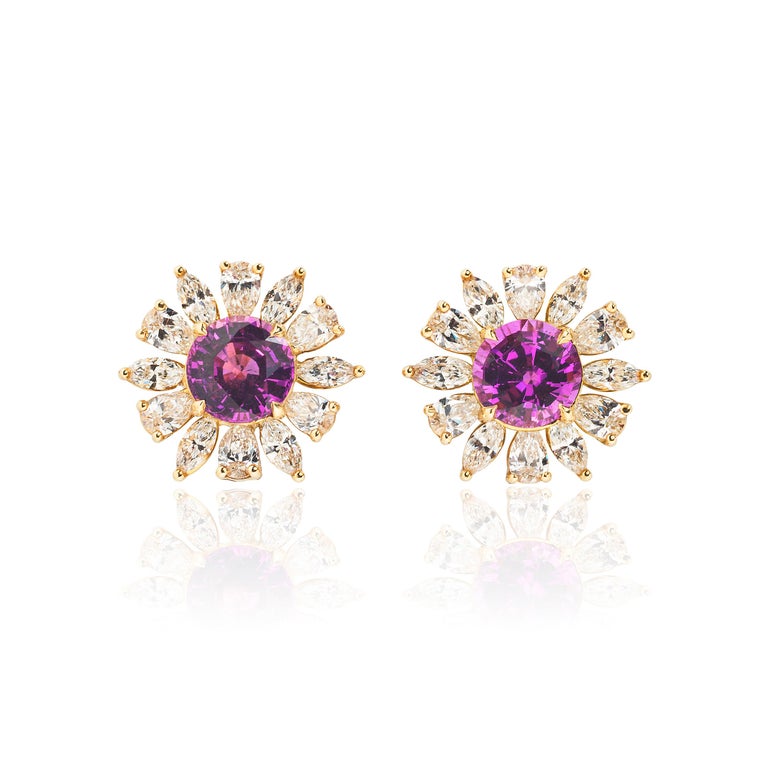 Pink Sapphire and Diamond Flower Earrings In Excellent Condition For Sale In Boston, MA