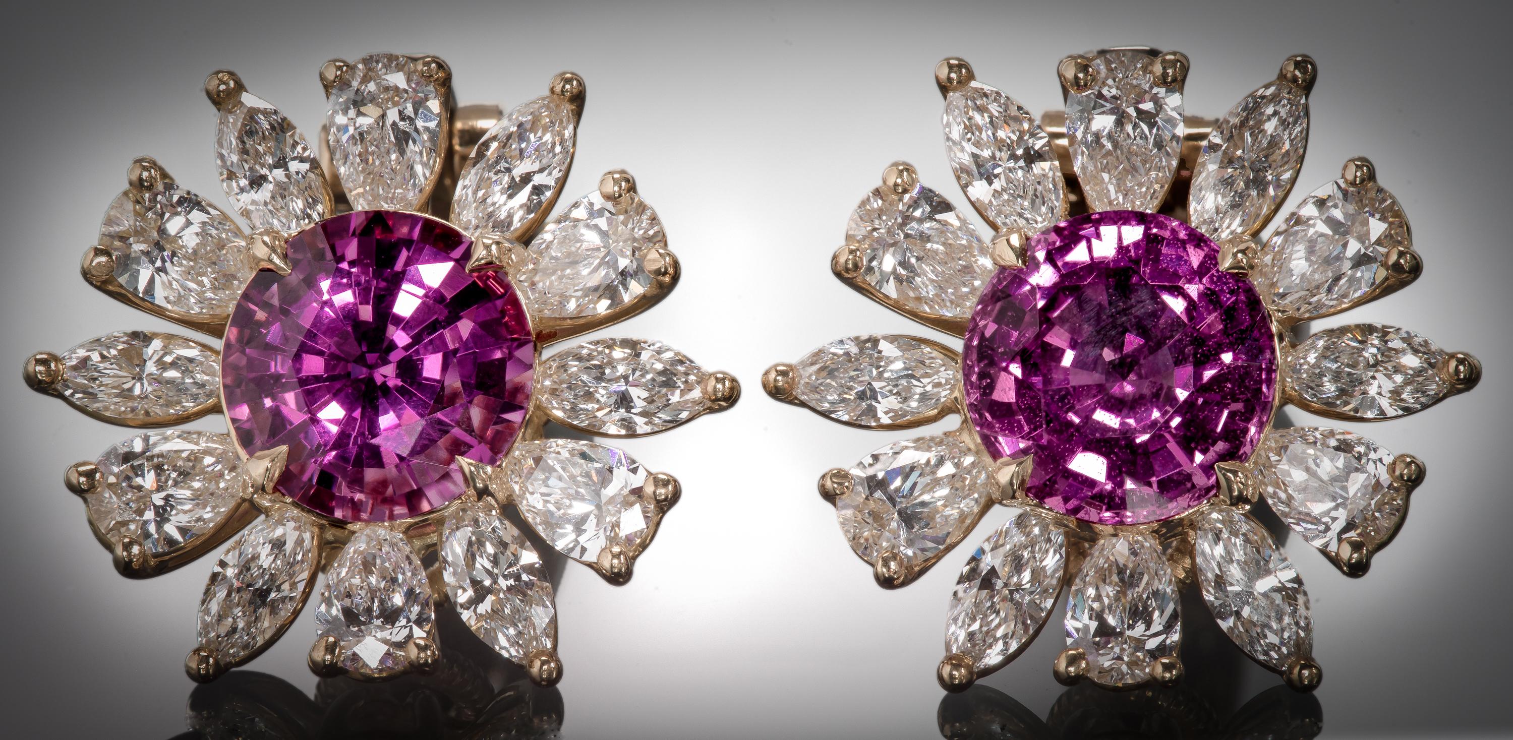 Pink Sapphire and Diamond Flower Earrings For Sale 2