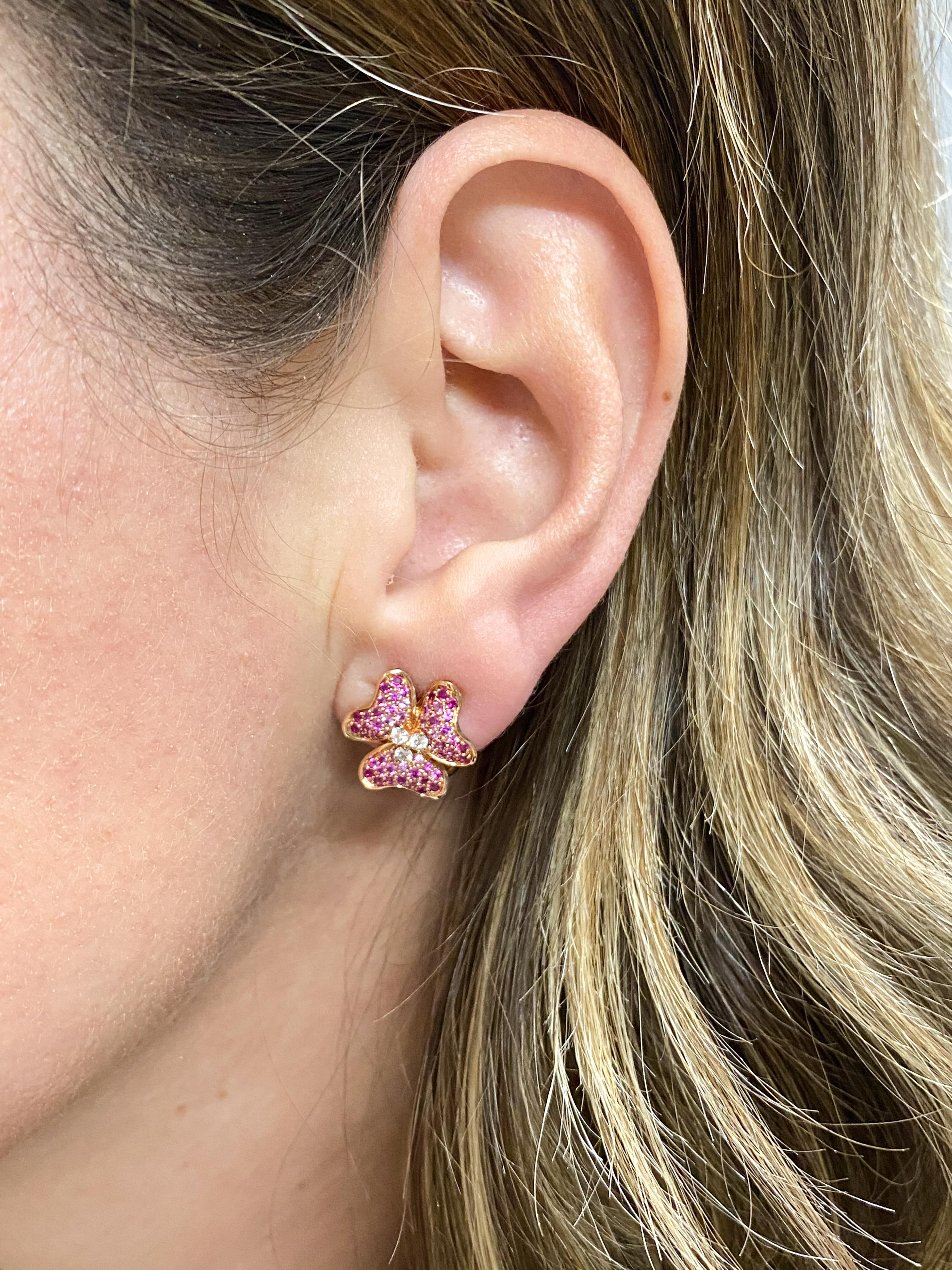 Pink Sapphire and Diamond Flower Rose Gold Earrings In New Condition In Greenwich, CT