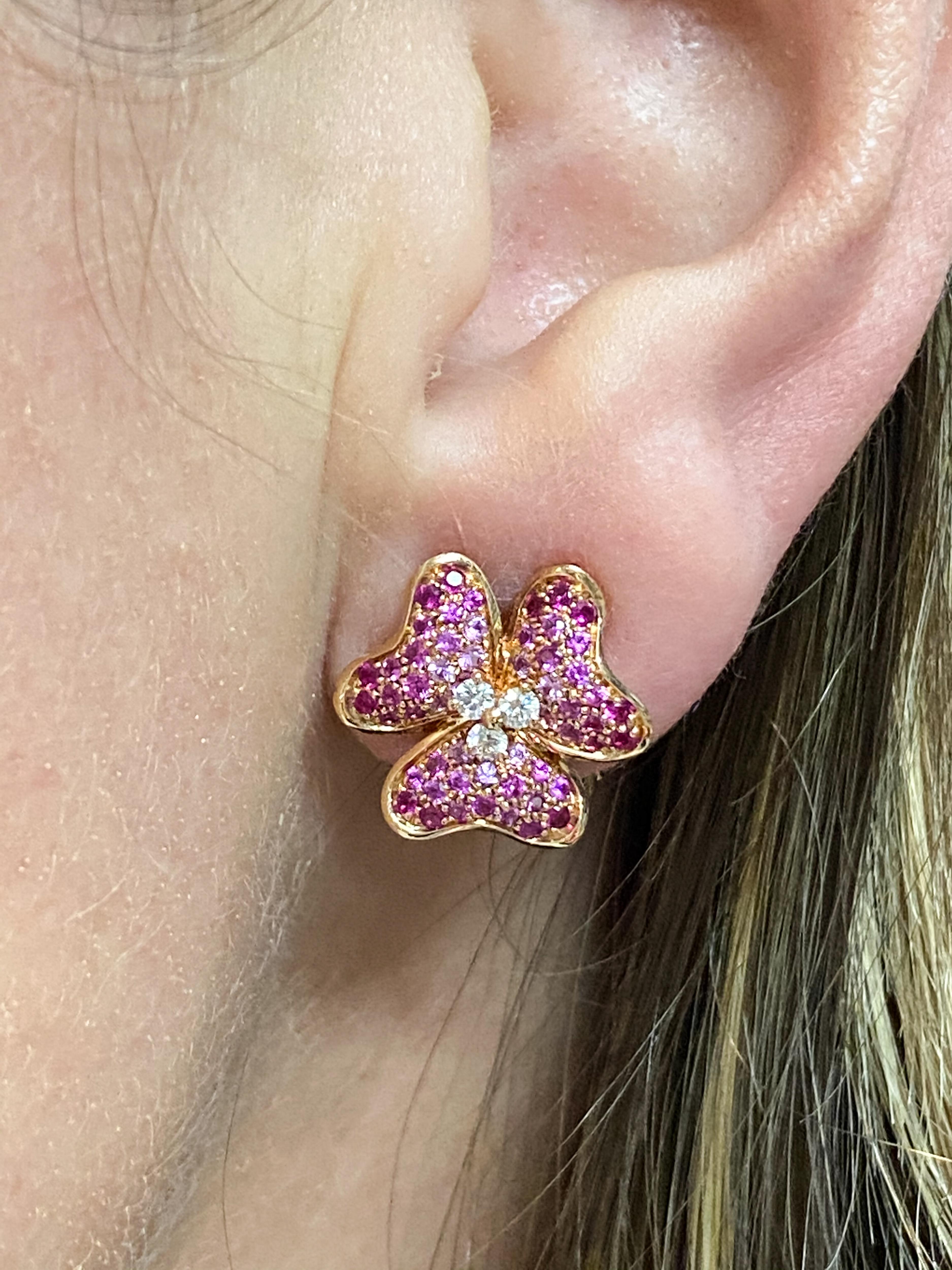 Pink Sapphire and Diamond Flower Rose Gold Earrings 1