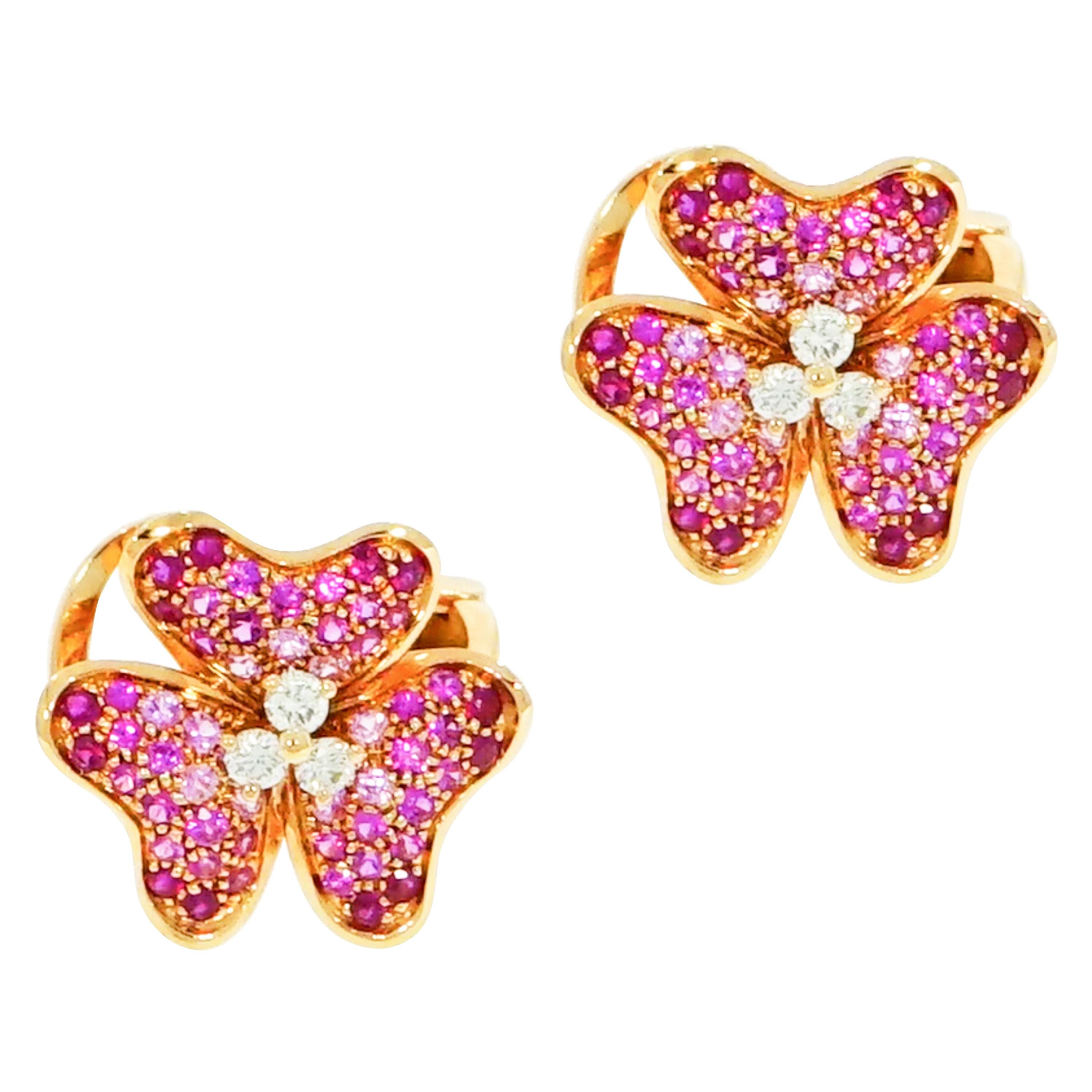 Pink Sapphire and Diamond Flower Rose Gold Earrings