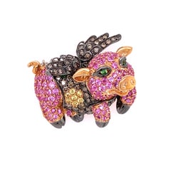 Pink Sapphire and Diamond Flying Pig Rose Gold Brooch Pin Estate Fine Jewelry