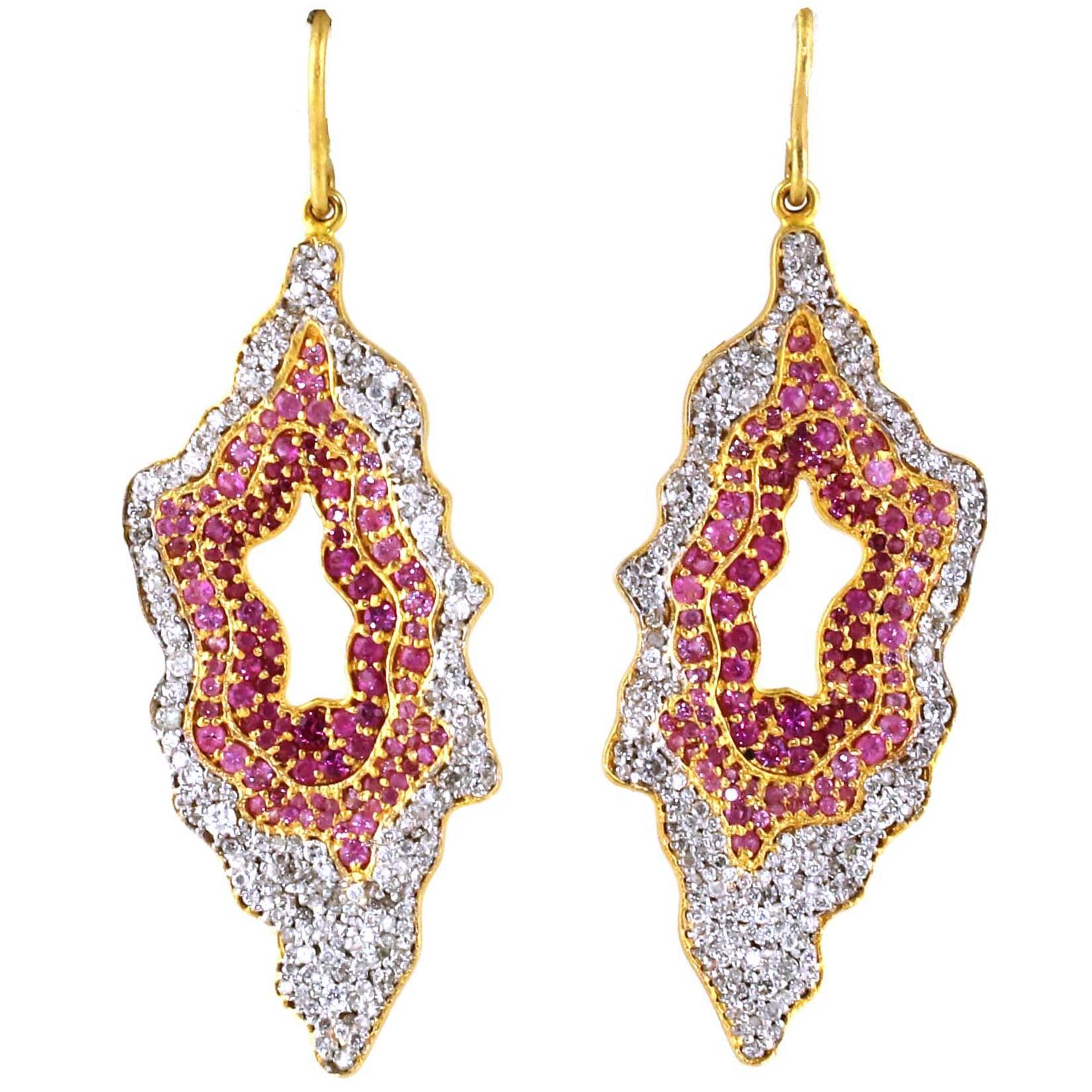 Pink Sapphire and Diamond Geode Style Earrings Set in 18 Karat Gold