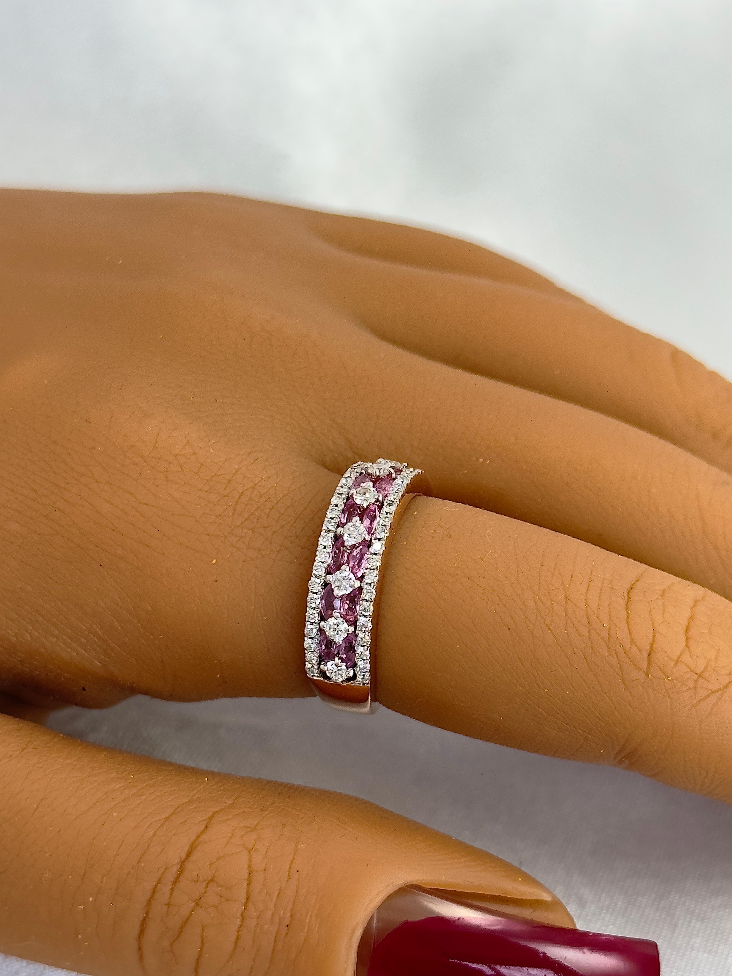 Marquise Cut Pink Sapphire and Diamond Half Band with Natural Gemstones, Minimalist Ring 14k For Sale