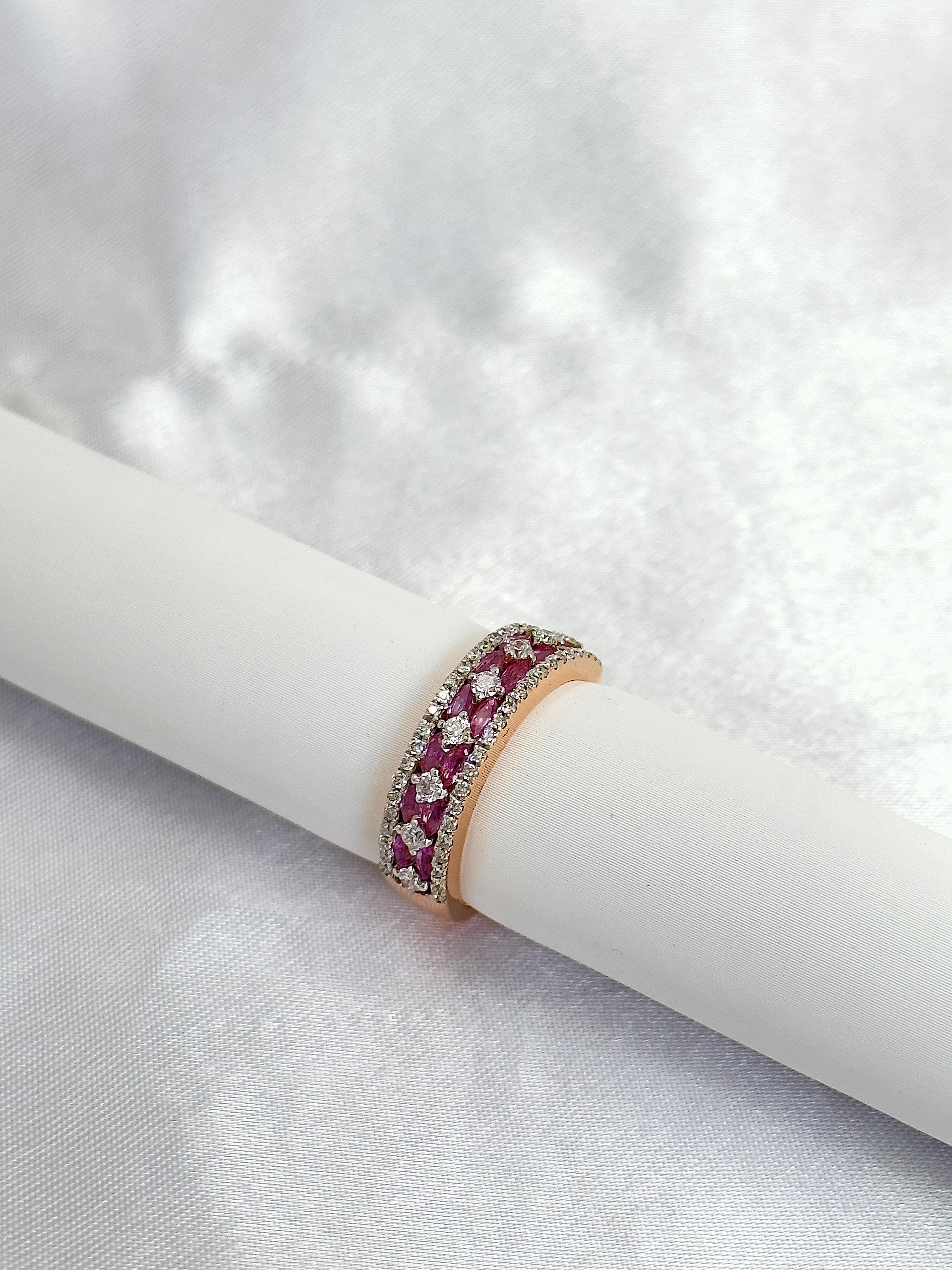 Pink Sapphire and Diamond Half Band with Natural Gemstones, Minimalist Ring 14k In New Condition For Sale In New York, NY
