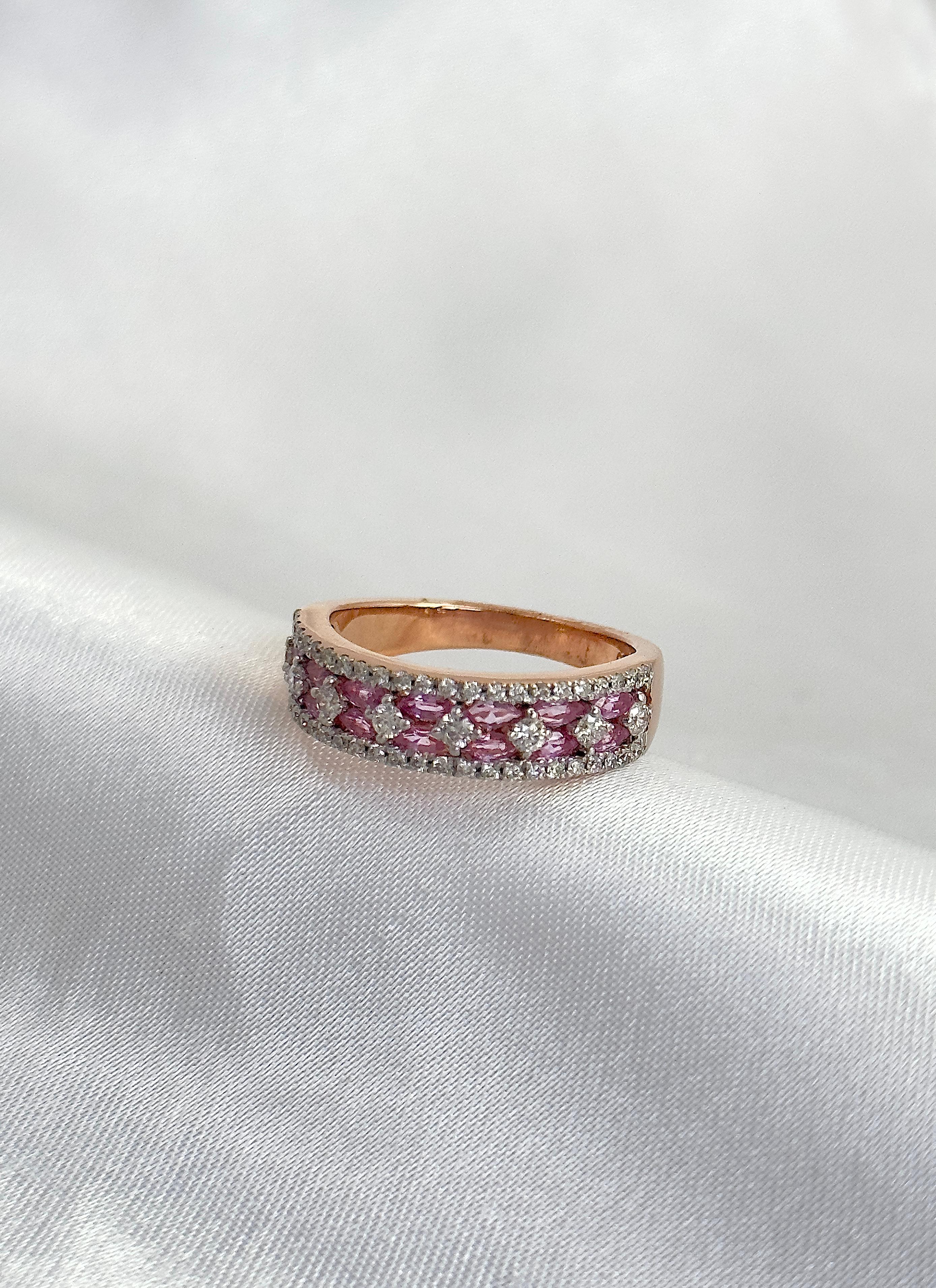 Women's or Men's Pink Sapphire and Diamond Half Band with Natural Gemstones, Minimalist Ring 14k For Sale