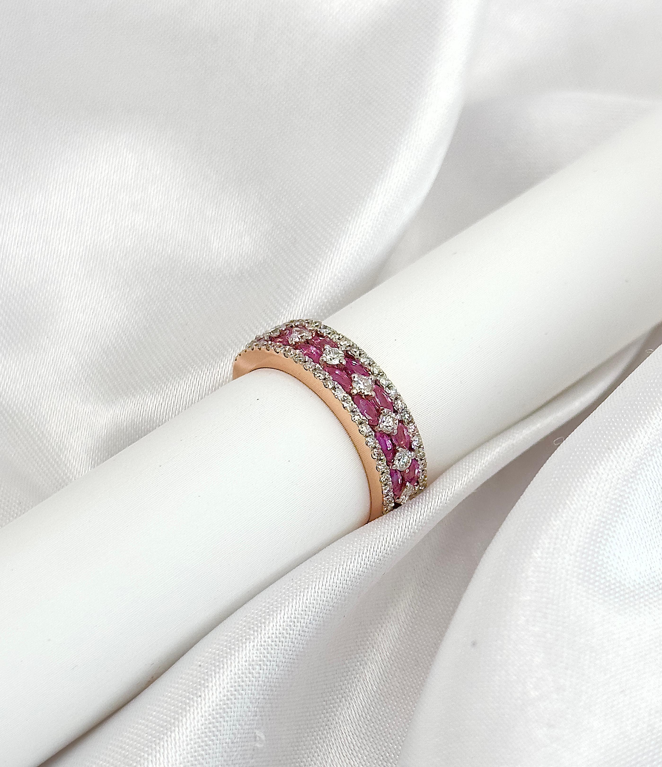 Pink Sapphire and Diamond Half Band with Natural Gemstones, Minimalist Ring 14k For Sale 1