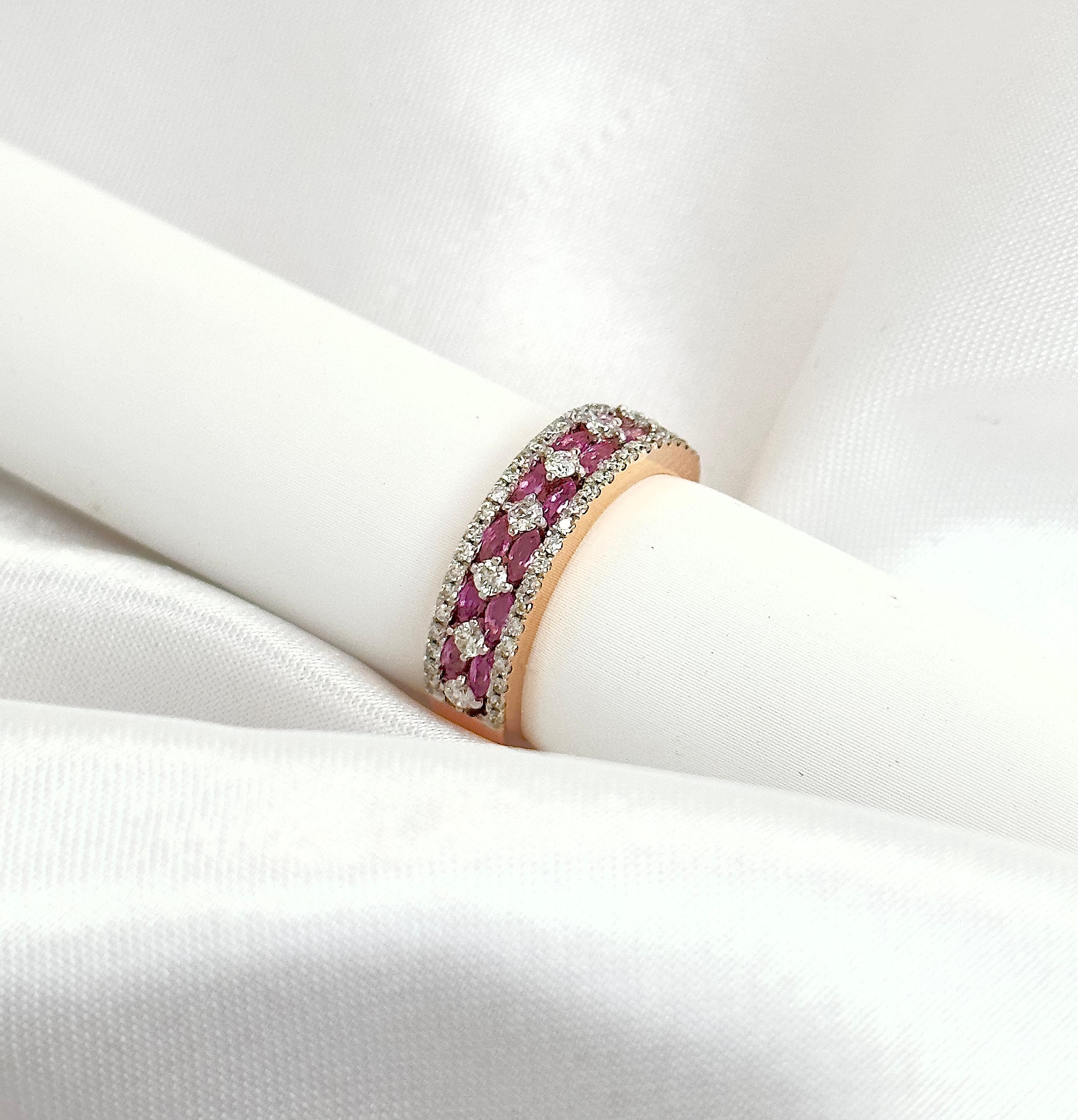 Pink Sapphire and Diamond Half Band with Natural Gemstones, Minimalist Ring 14k For Sale 2