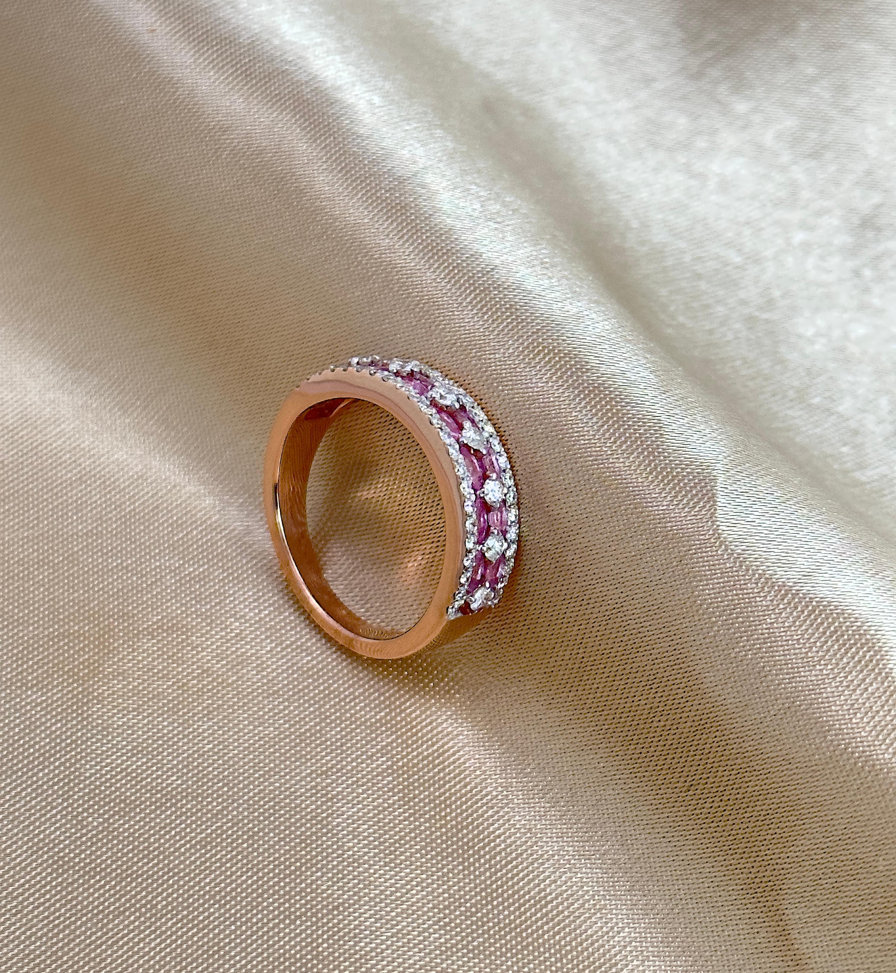 Pink Sapphire and Diamond Half Band with Natural Gemstones, Minimalist Ring 14k For Sale 3