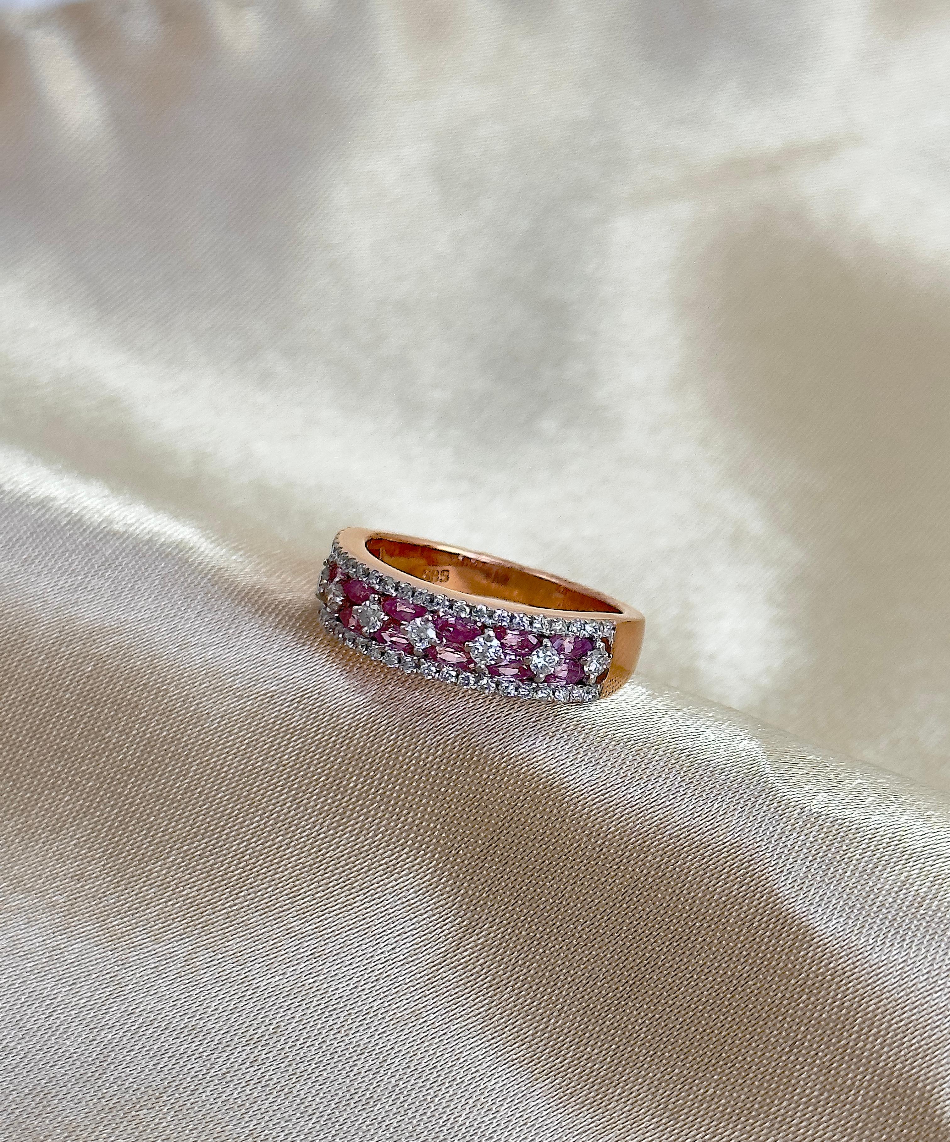 Pink Sapphire and Diamond Half Band with Natural Gemstones, Minimalist Ring 14k For Sale 4