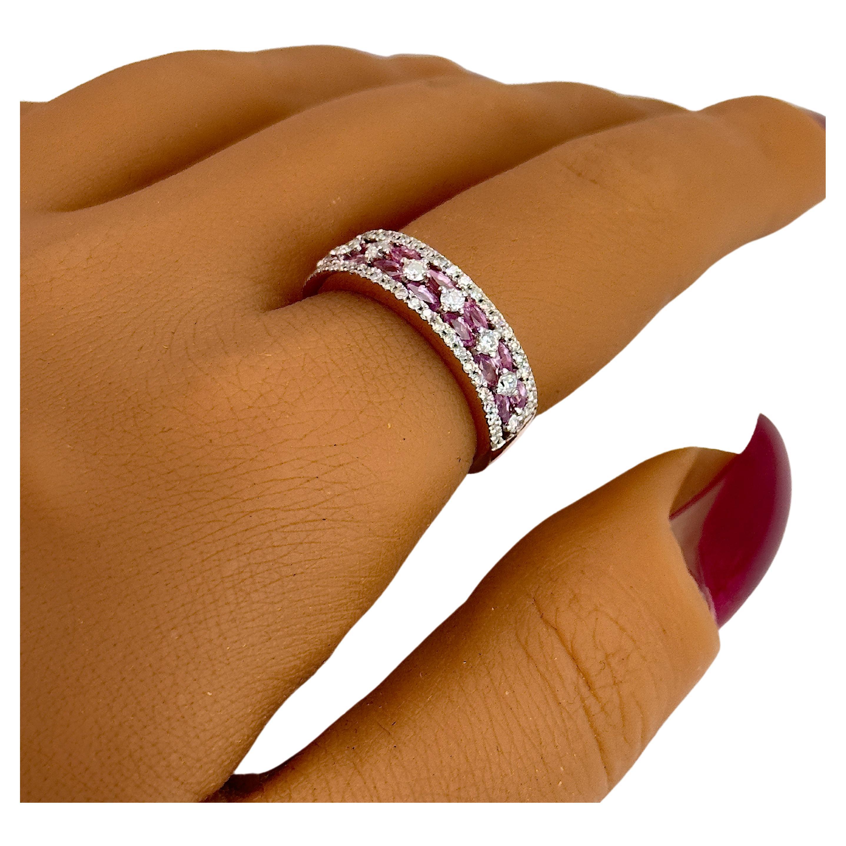 Pink Sapphire and Diamond Half Band with Natural Gemstones, Minimalist Ring 14k For Sale