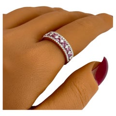 Bague minimaliste en saphir rose et diamant 14 carats avec demi-anneau de pierres naturelles 