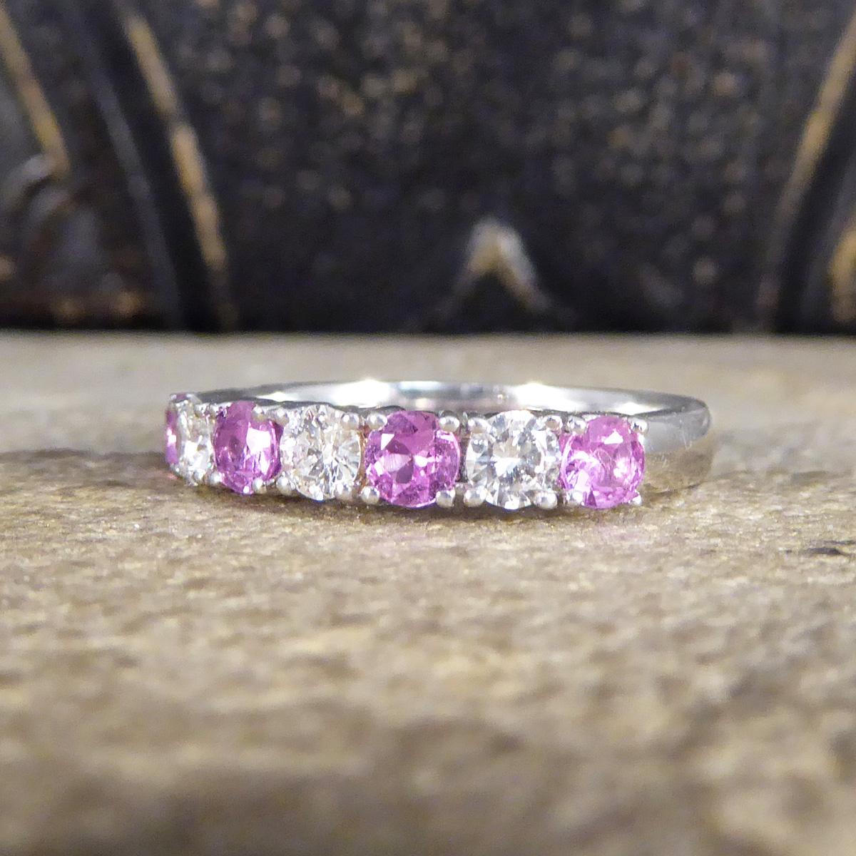 Brilliant Cut Pink Sapphire and Diamond Half Eternity Ring in 18ct White Gold