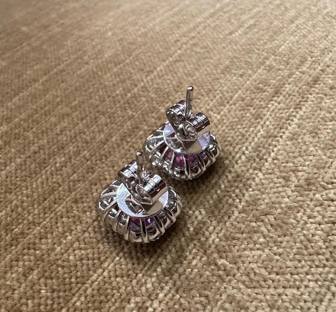 Pink Sapphire and Diamond Halo Earrings in 18k White Gold In Excellent Condition For Sale In La Jolla, CA