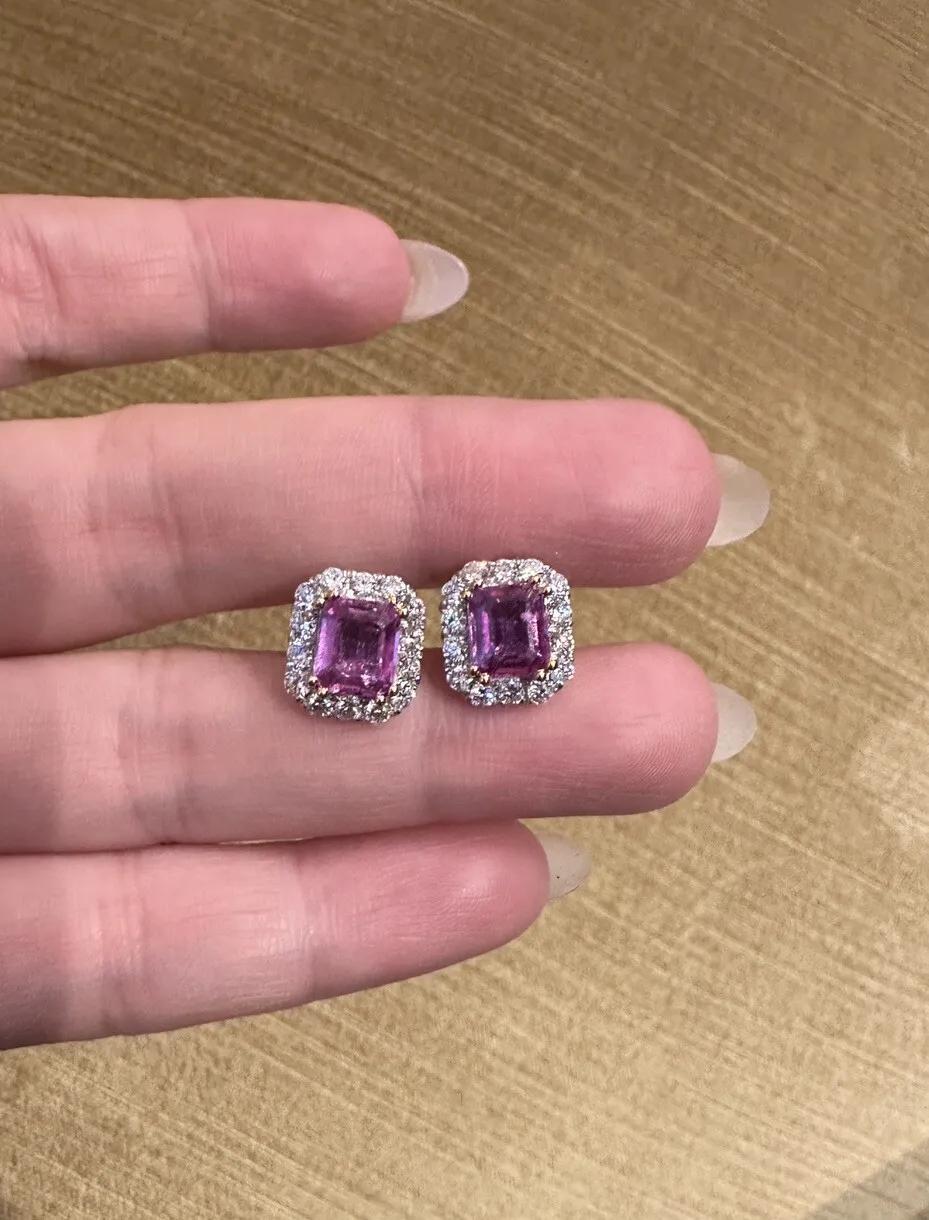 Women's Pink Sapphire and Diamond Halo Earrings in 18k White Gold For Sale