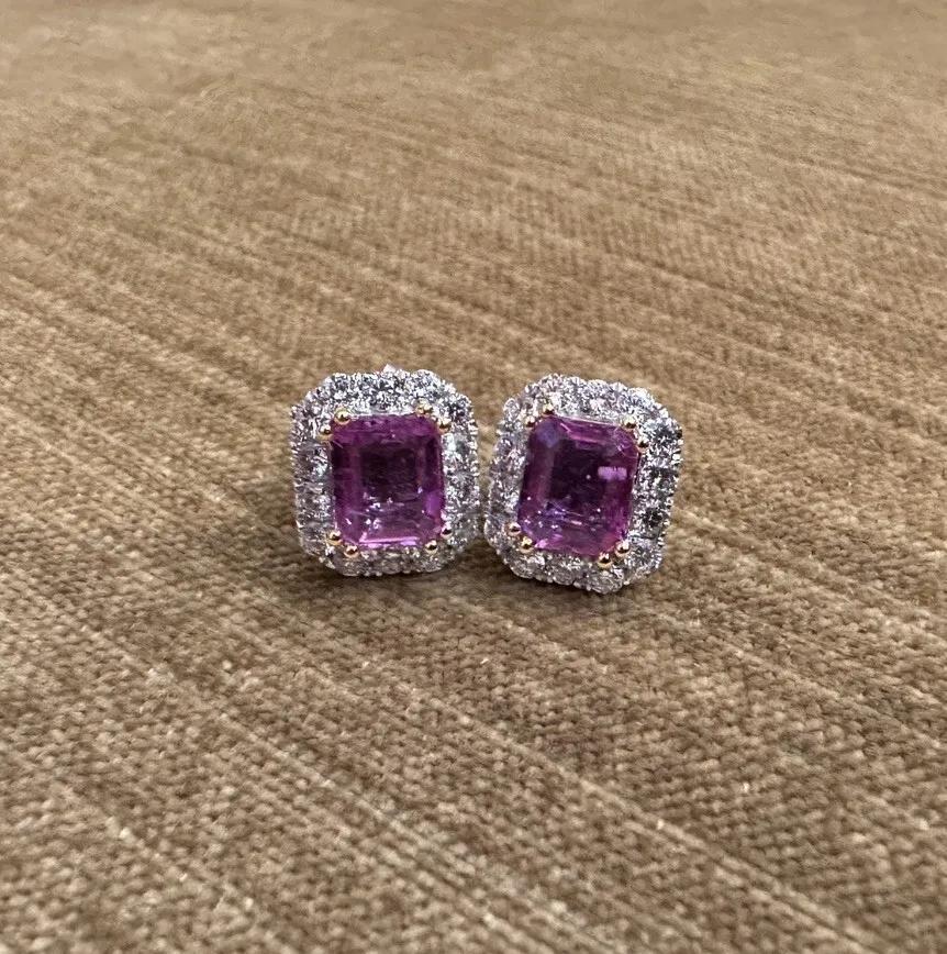 Pink Sapphire and Diamond Halo Earrings in 18k White Gold For Sale 1