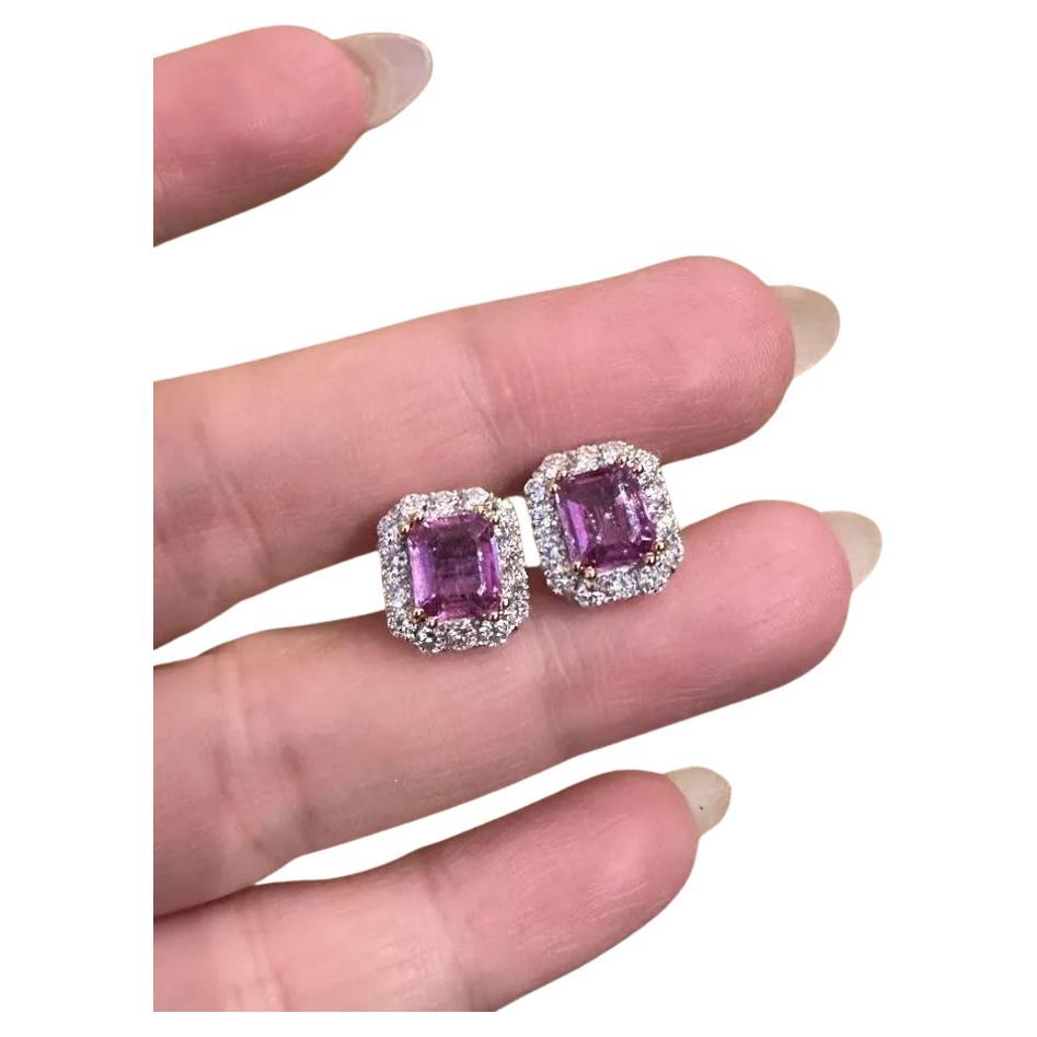 Pink Sapphire and Diamond Halo Earrings in 18k White Gold For Sale