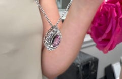 Pear Shaped Pink Sapphire and Diamond Halo Pendant Necklace in 14k White Gold