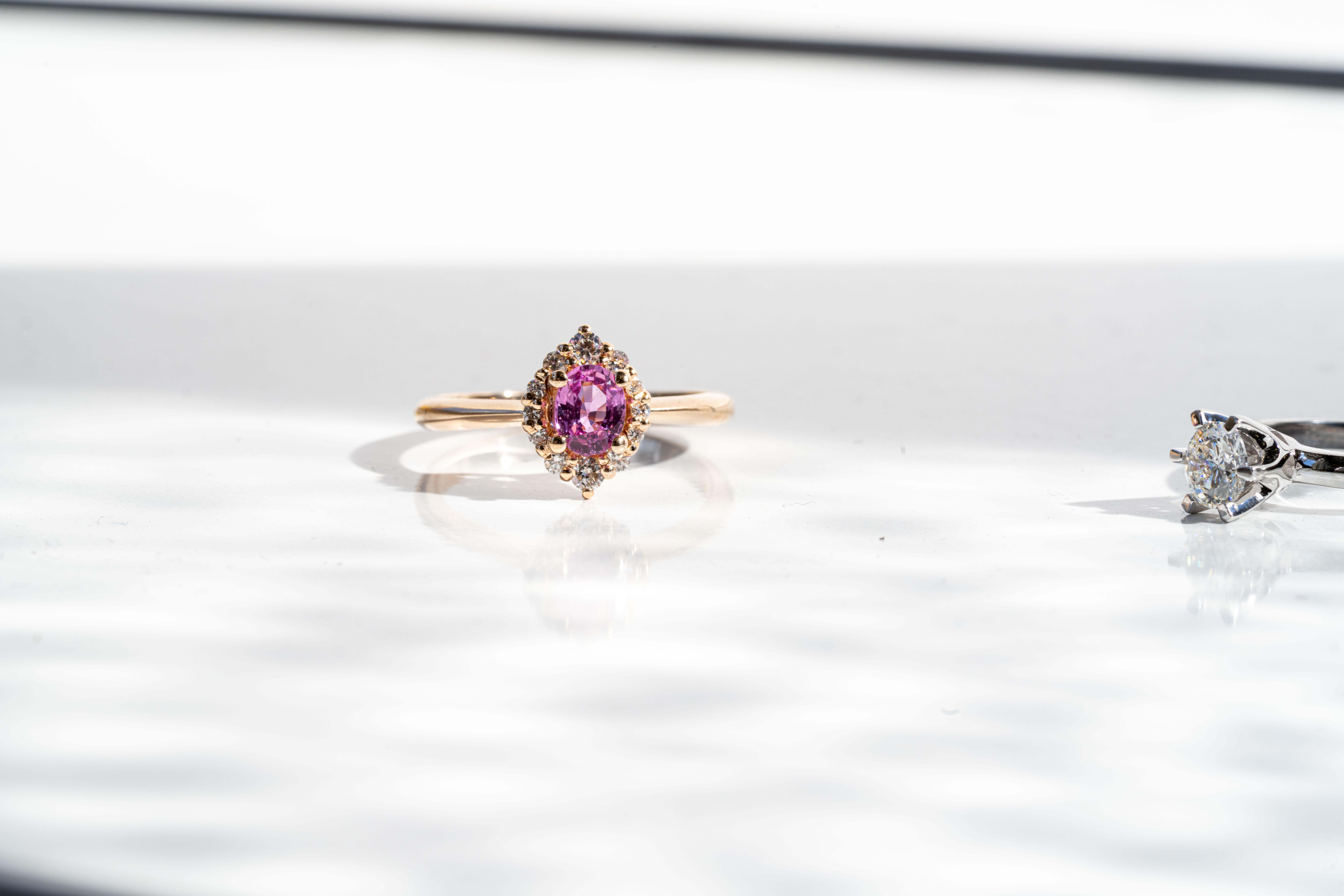For Sale:  Pink Sapphire And Diamond Halo Ring 8