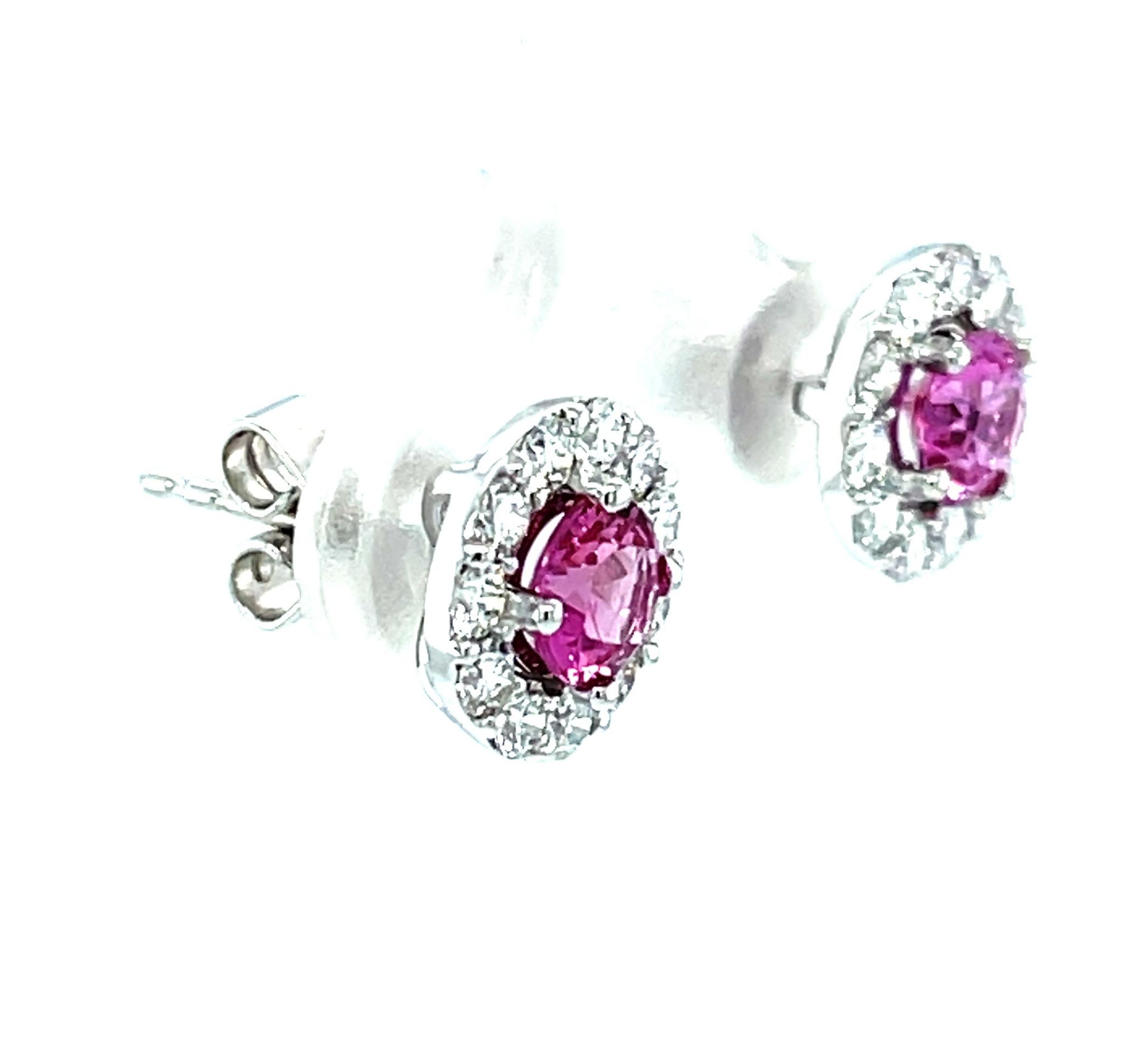Artisan Pink Sapphire and Diamond Halo Stud Earrings in 18k White Gold For Sale