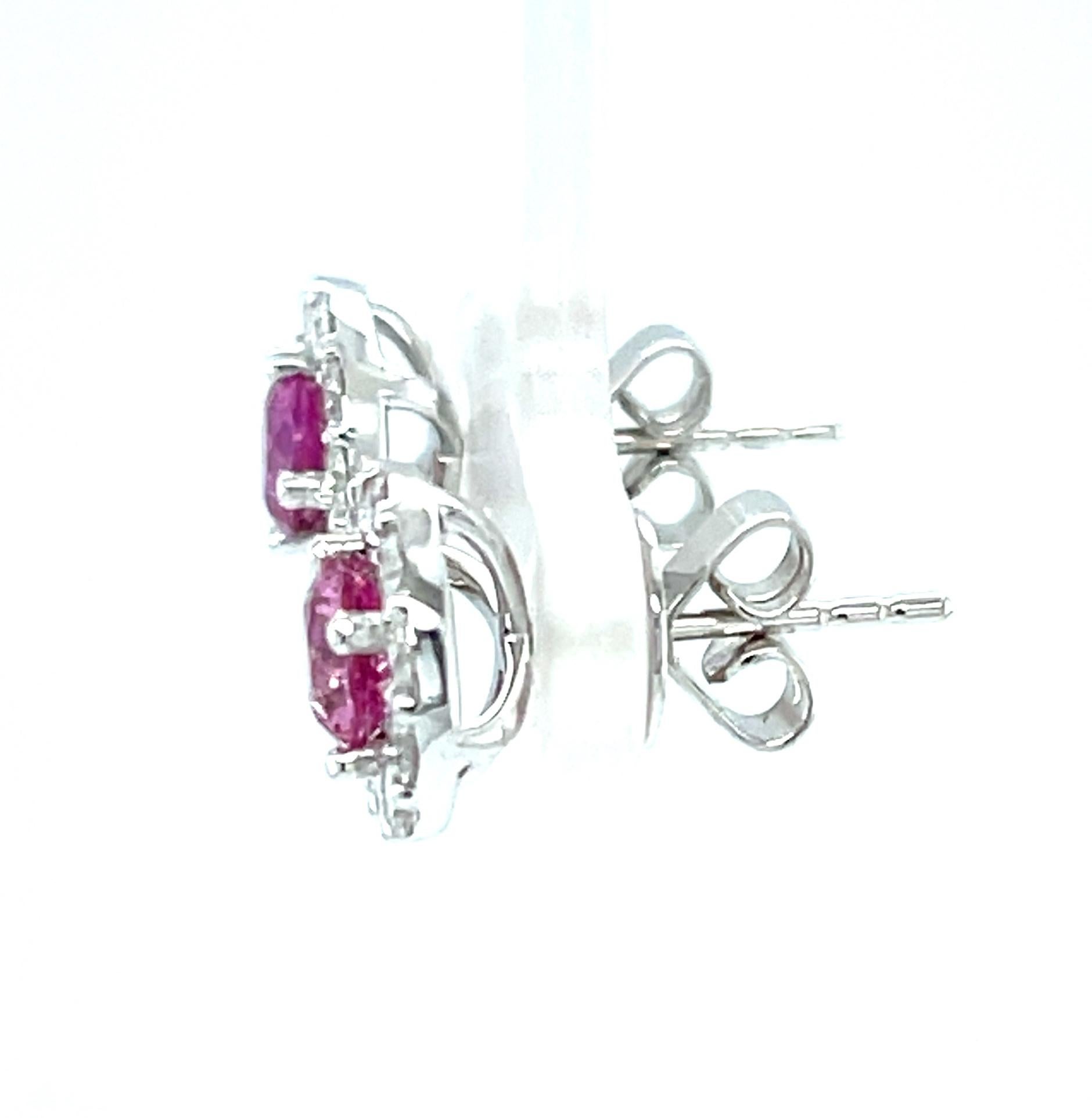 Round Cut Pink Sapphire and Diamond Halo Stud Earrings in 18k White Gold For Sale