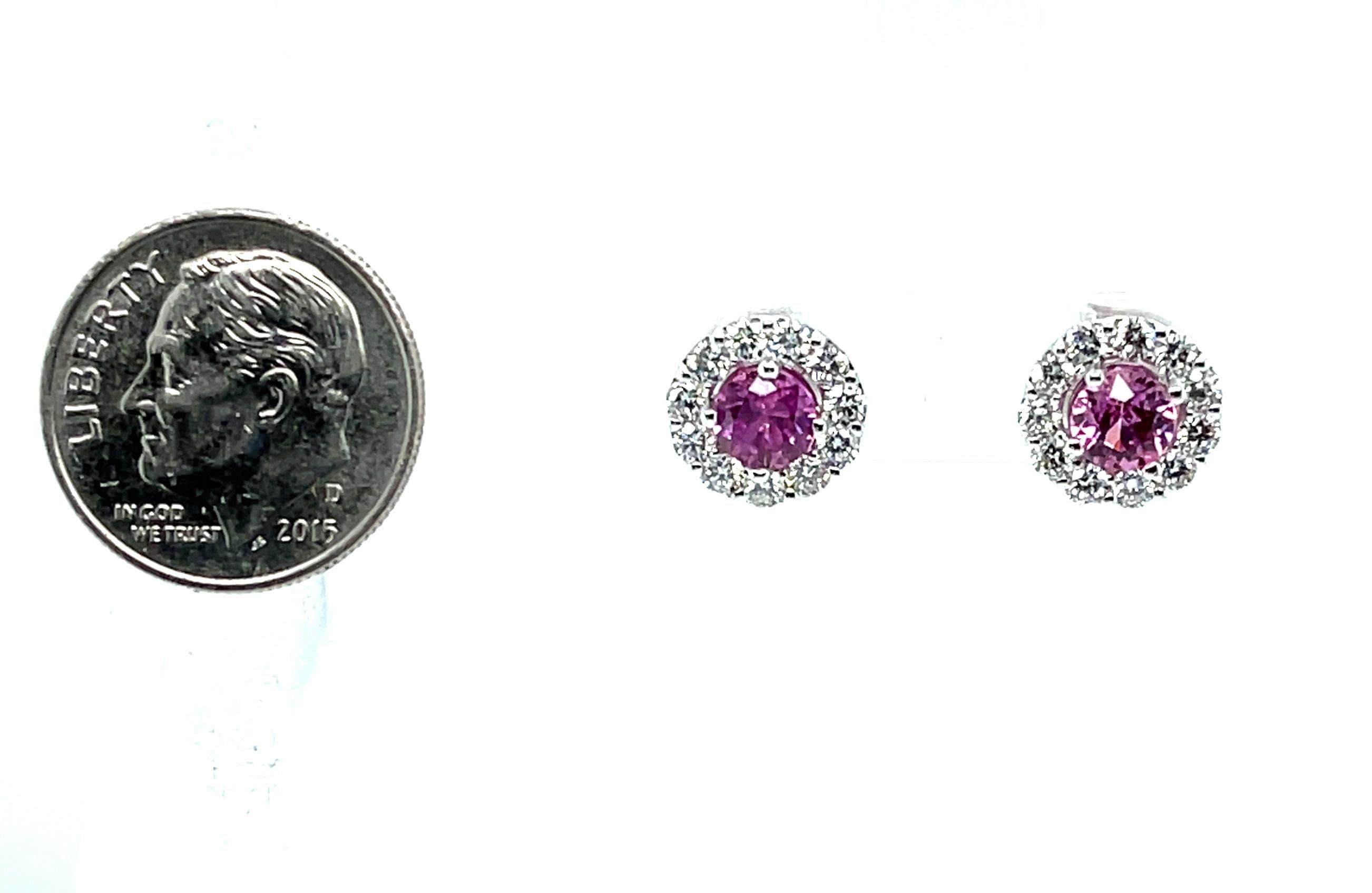 Women's Pink Sapphire and Diamond Halo Stud Earrings in 18k White Gold For Sale