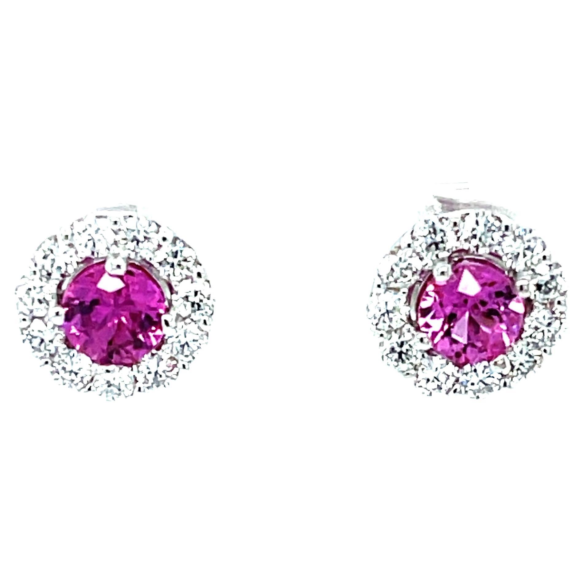 Pink Sapphire and Diamond Halo Stud Earrings in 18k White Gold For Sale