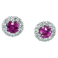 Pink Sapphire and Diamond Halo Stud Earrings in 18k White Gold