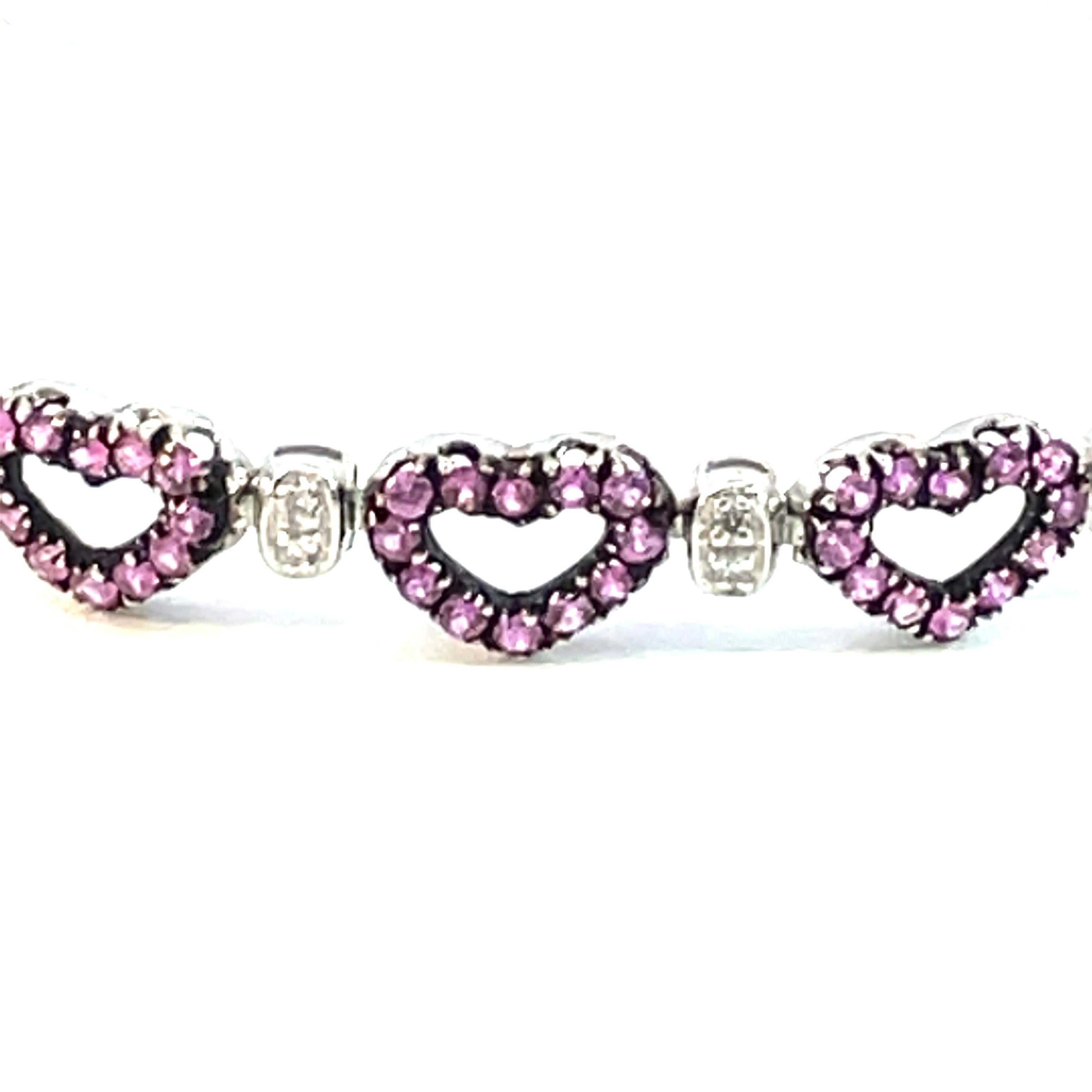 Women's  Pink Sapphire and Diamond Heart Shape Bracelet in 18 Karat White Gold For Sale