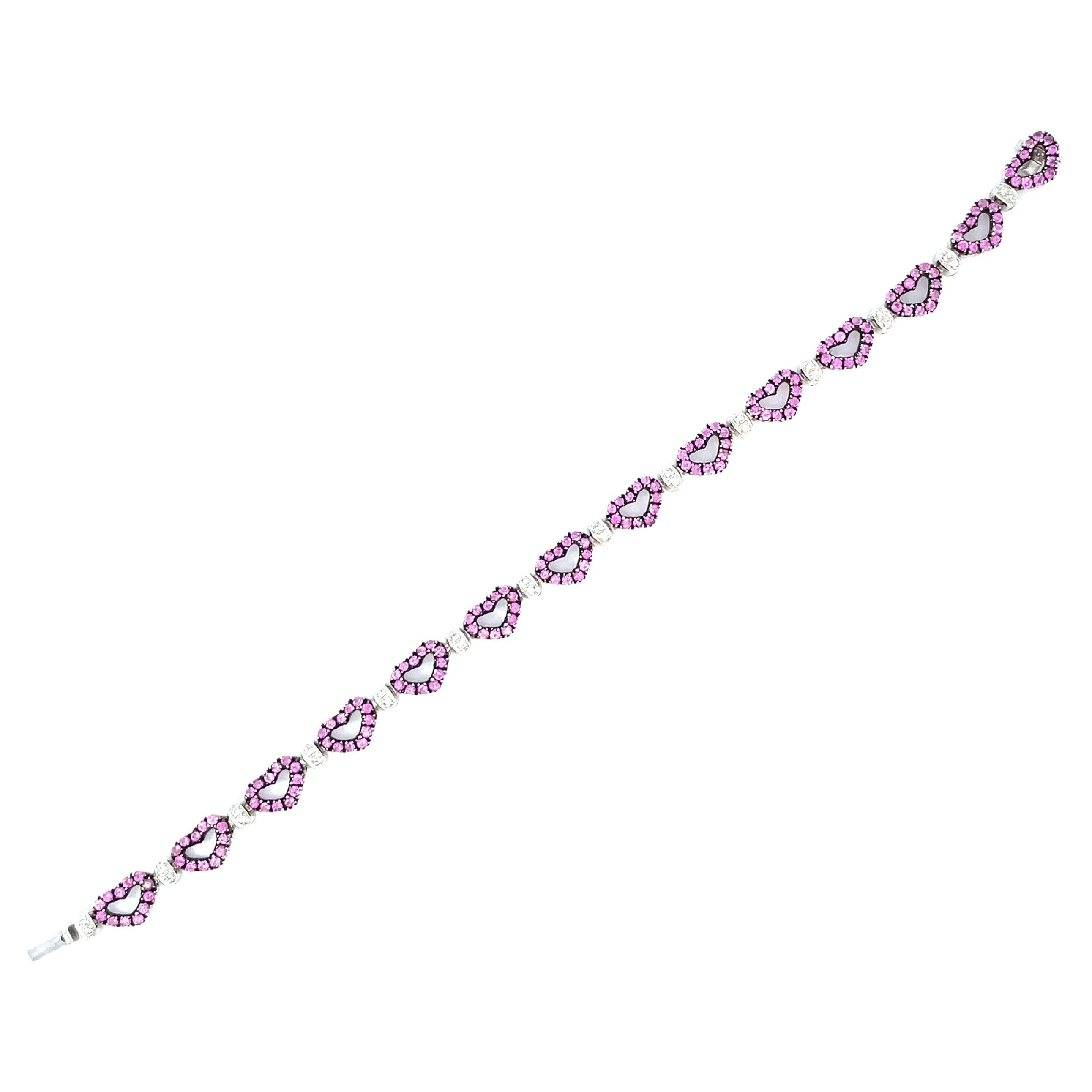  Pink Sapphire and Diamond Heart Shape Bracelet in 18 Karat White Gold For Sale