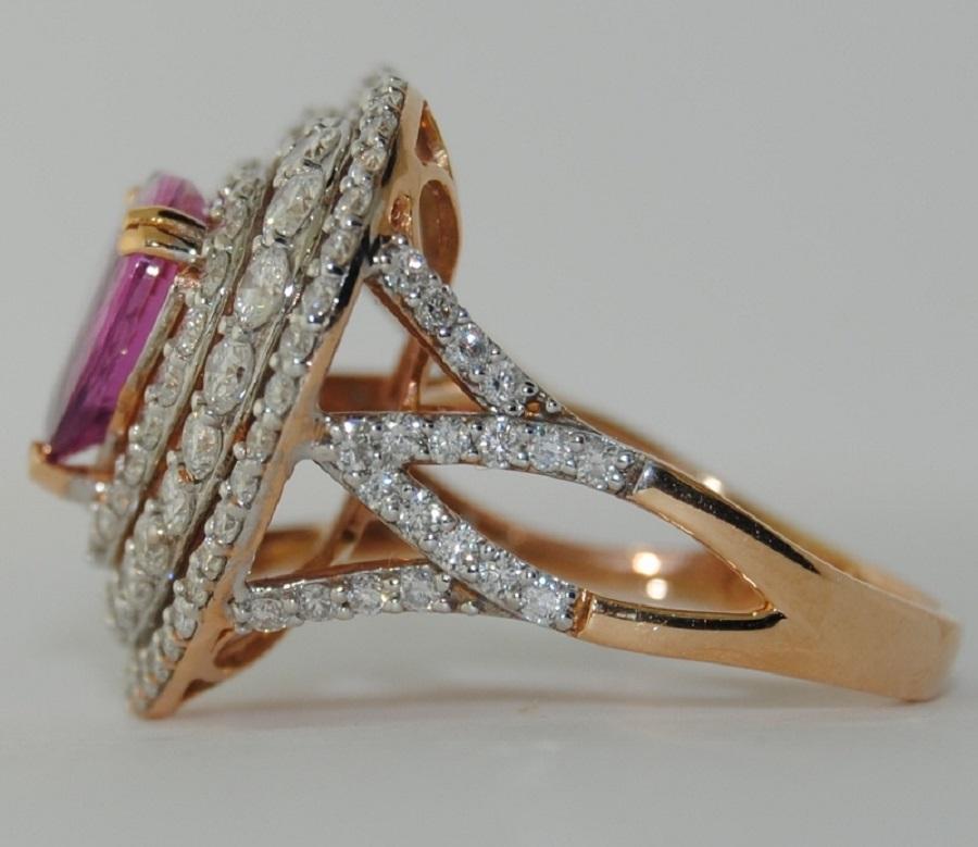 Contemporary Pink Sapphire and Diamond Heart Shaped Ring in 18 Karat Rose Gold For Sale