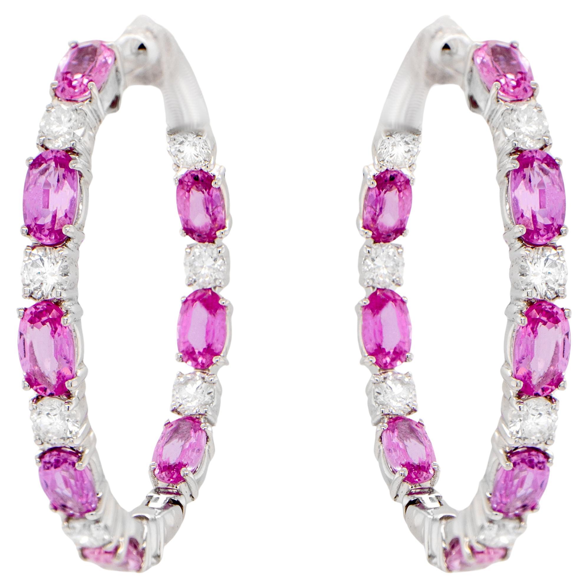 Pink Sapphire and Diamond Hoop Earrings 6 Carats 18K Gold